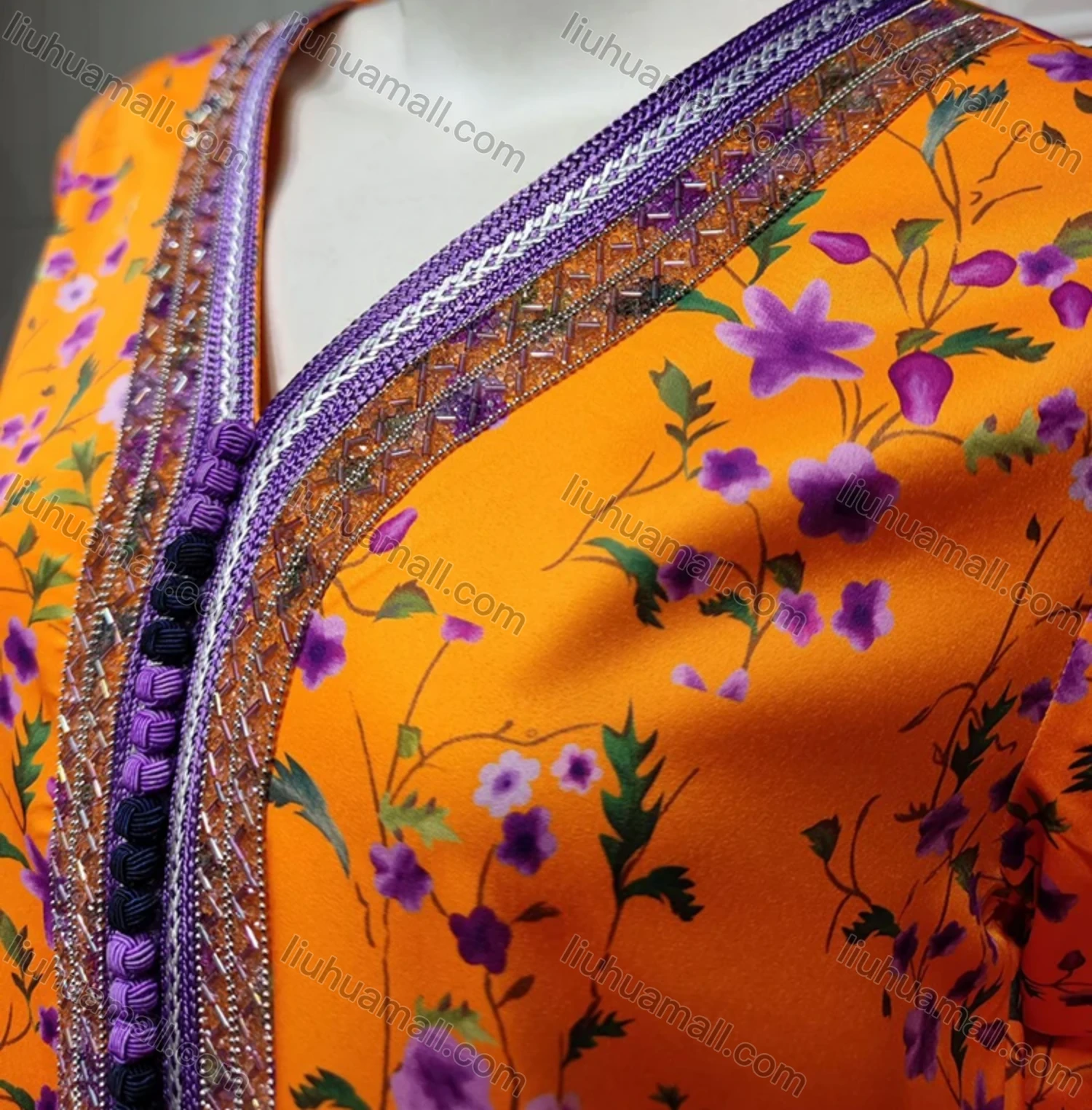 Wholesale Women's Muslim Islamic Vintage Long Sleeve Ditsy Floral Splicing Embroidered Abaya Dress AB317# - Liuhuamall