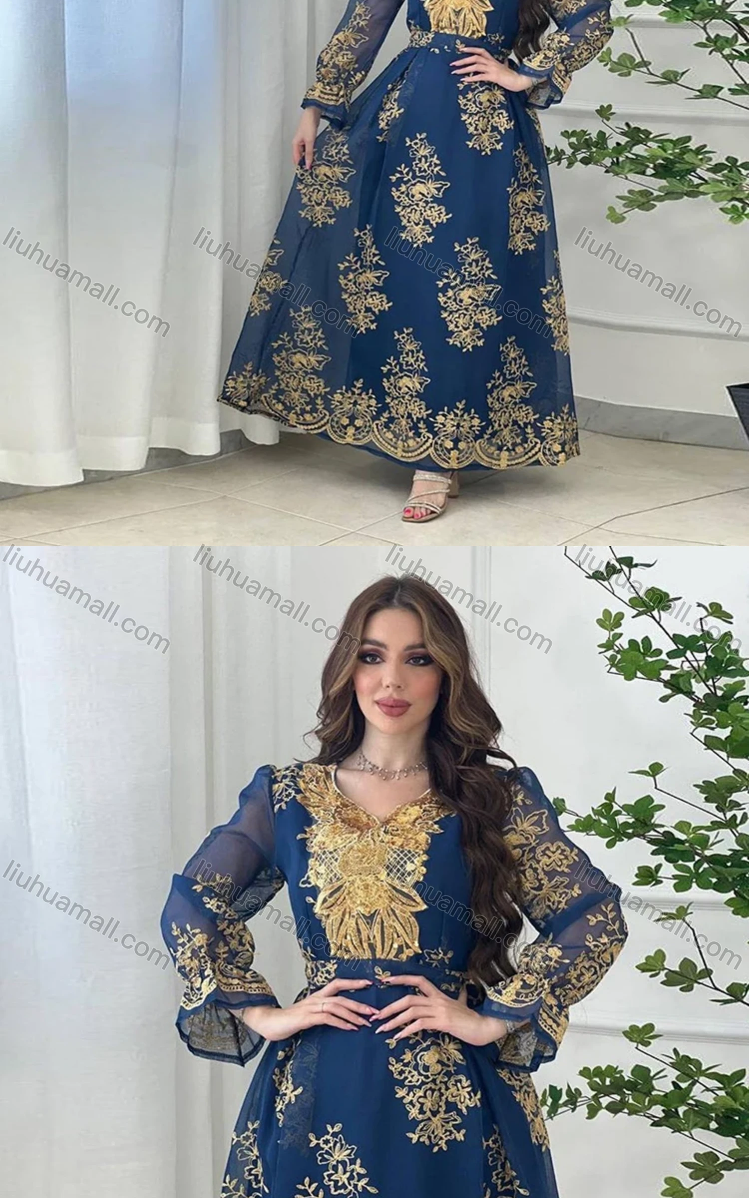 Wholesale Women's Muslim Islamic Vintage Long Sleeve Embroidered Maxi Dress With Belt AB312# - Liuhuamall