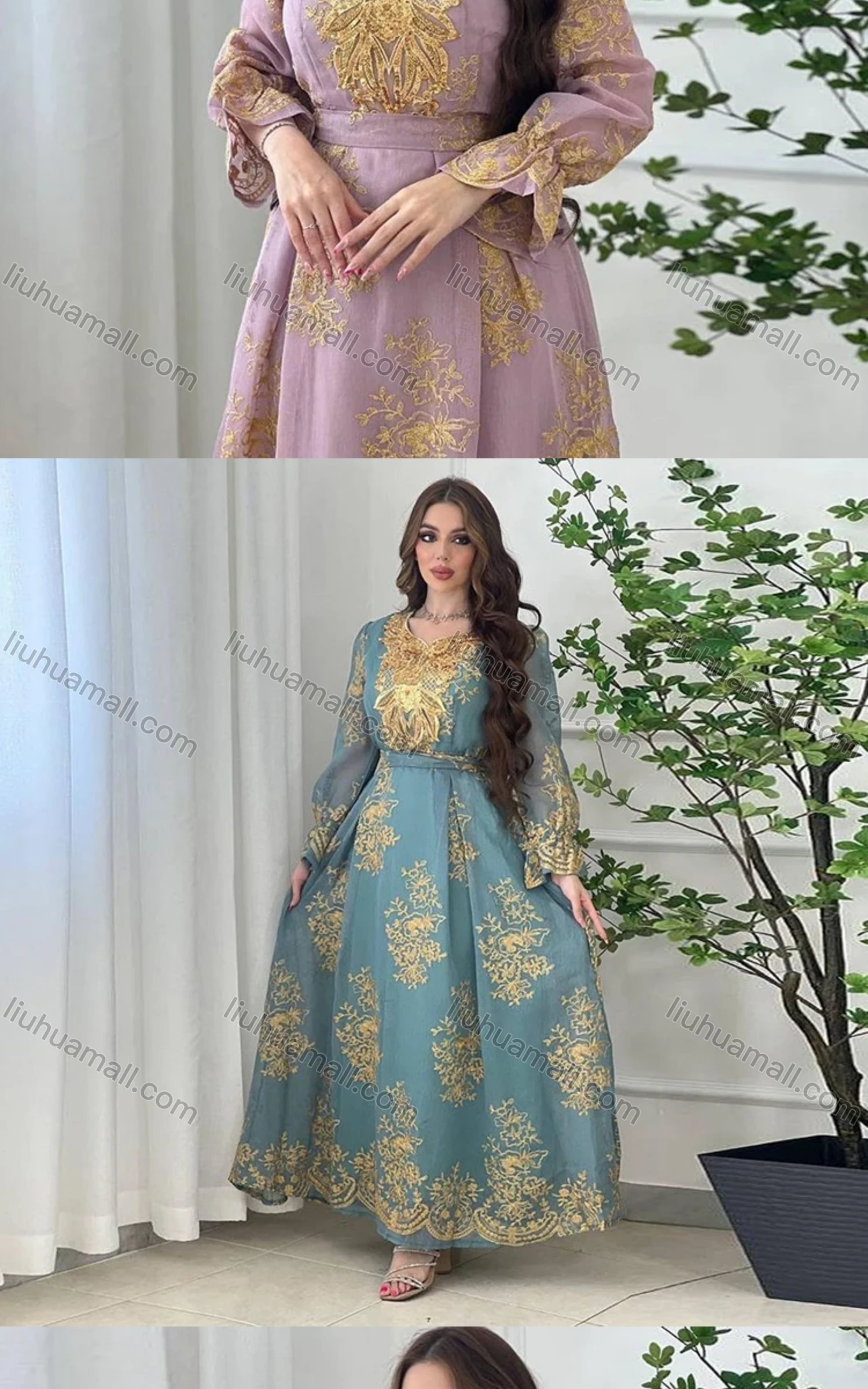 Wholesale Women's Muslim Islamic Vintage Long Sleeve Embroidered Maxi Dress With Belt AB312# - Liuhuamall