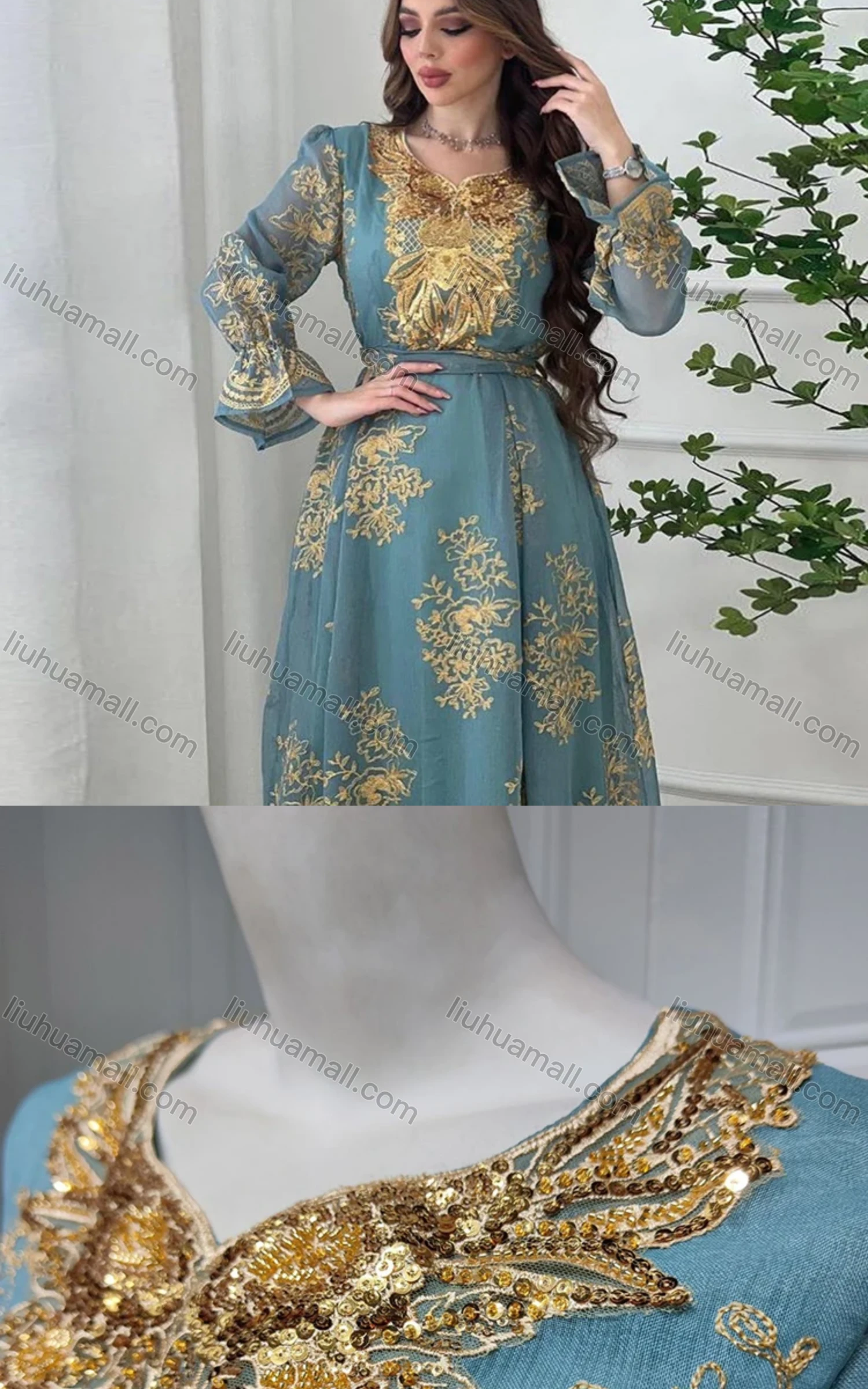 Wholesale Women's Muslim Islamic Vintage Long Sleeve Embroidered Maxi Dress With Belt AB312# - Liuhuamall