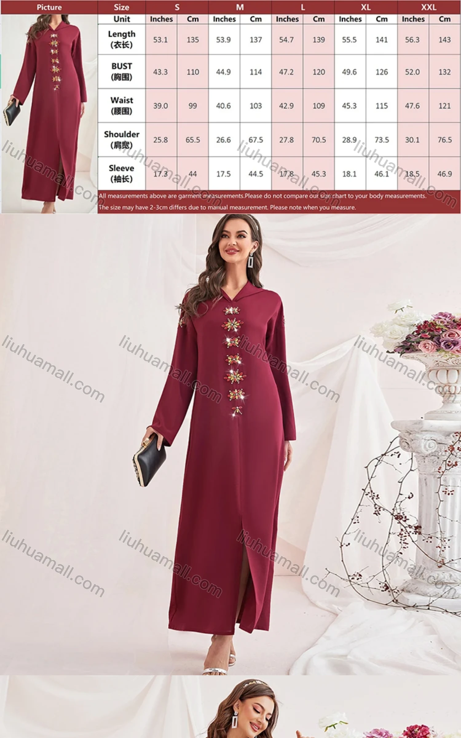Wholesale Women's Muslim Islamic Plain Long Sleeve Hooded Rhinestone Split Front Robe Abaya Dress BA302# - Liuhuamall