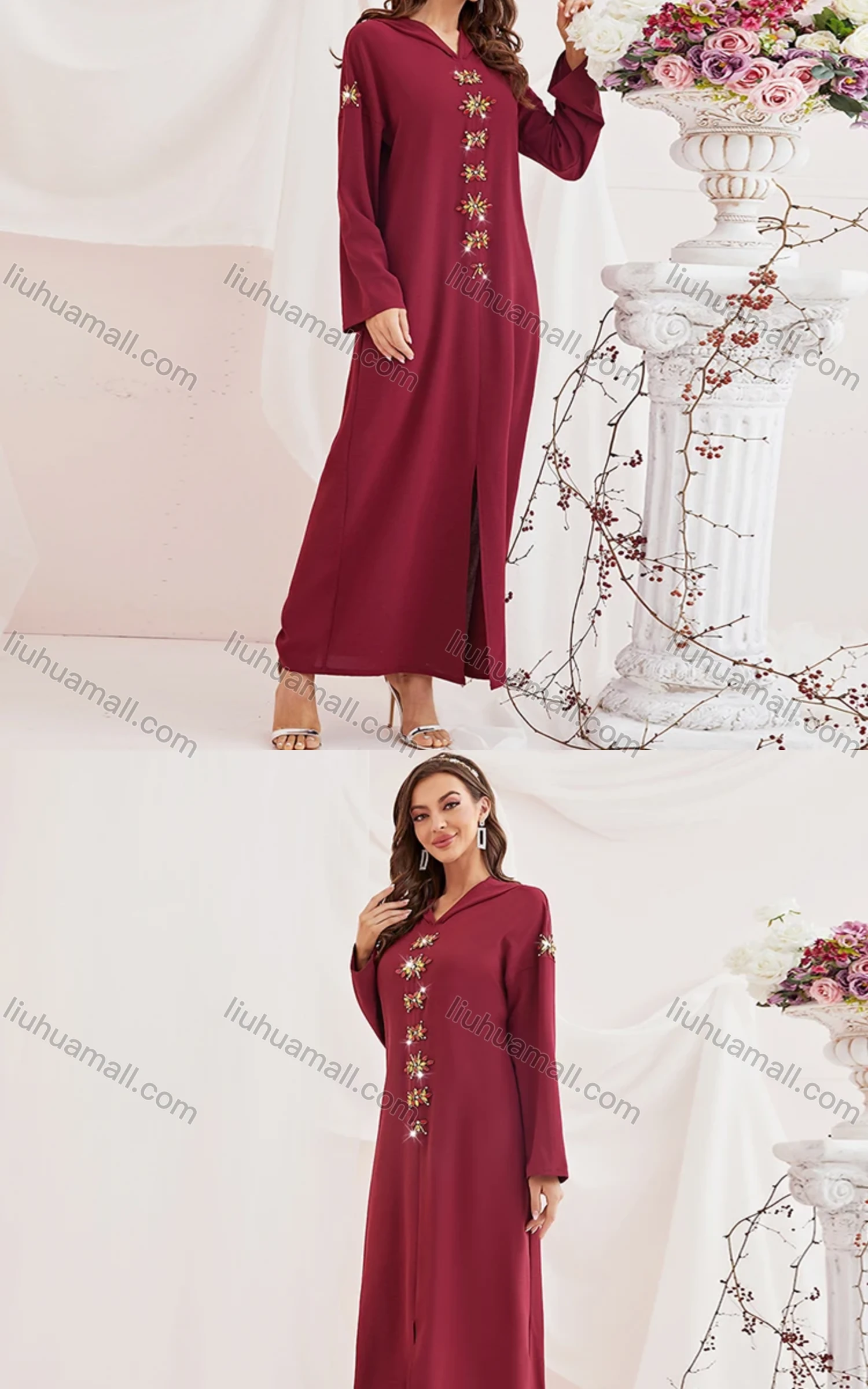 Wholesale Women's Muslim Islamic Plain Long Sleeve Hooded Rhinestone Split Front Robe Abaya Dress BA302# - Liuhuamall