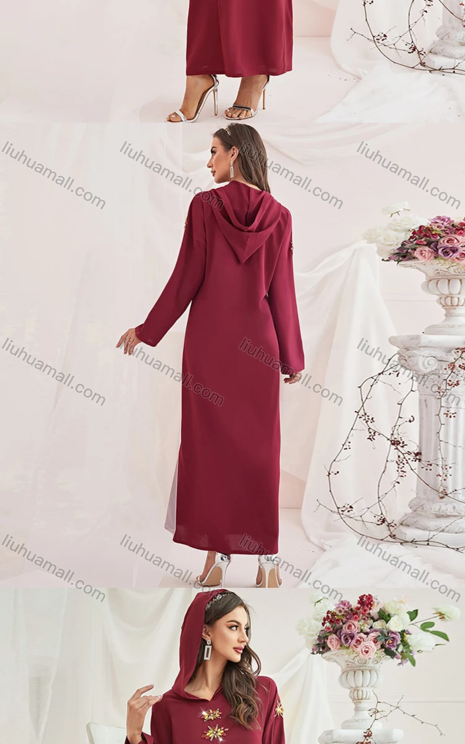 Wholesale Women's Muslim Islamic Plain Long Sleeve Hooded Rhinestone Split Front Robe Abaya Dress BA302# - Liuhuamall