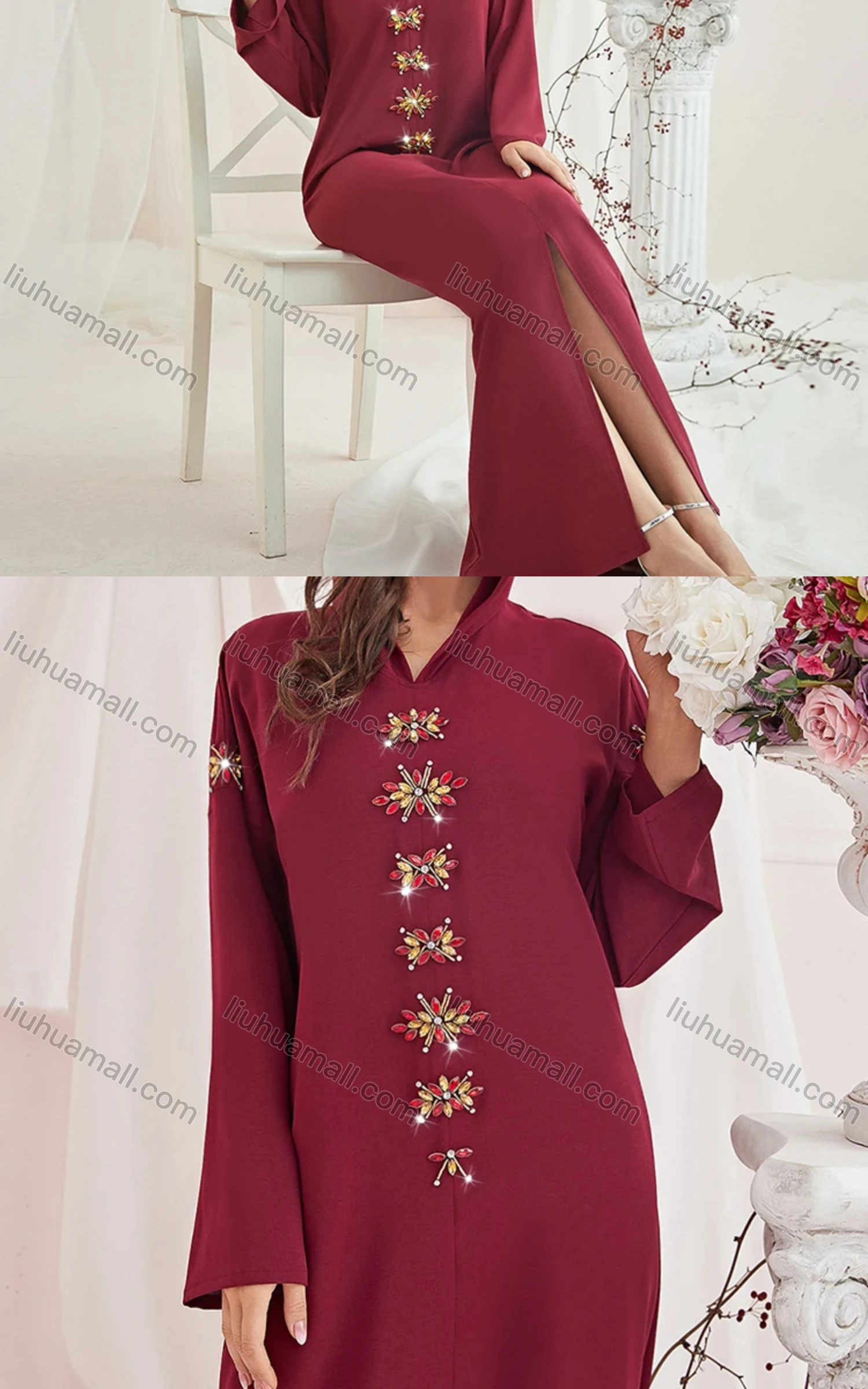 Wholesale Women's Muslim Islamic Plain Long Sleeve Hooded Rhinestone Split Front Robe Abaya Dress BA302# - Liuhuamall