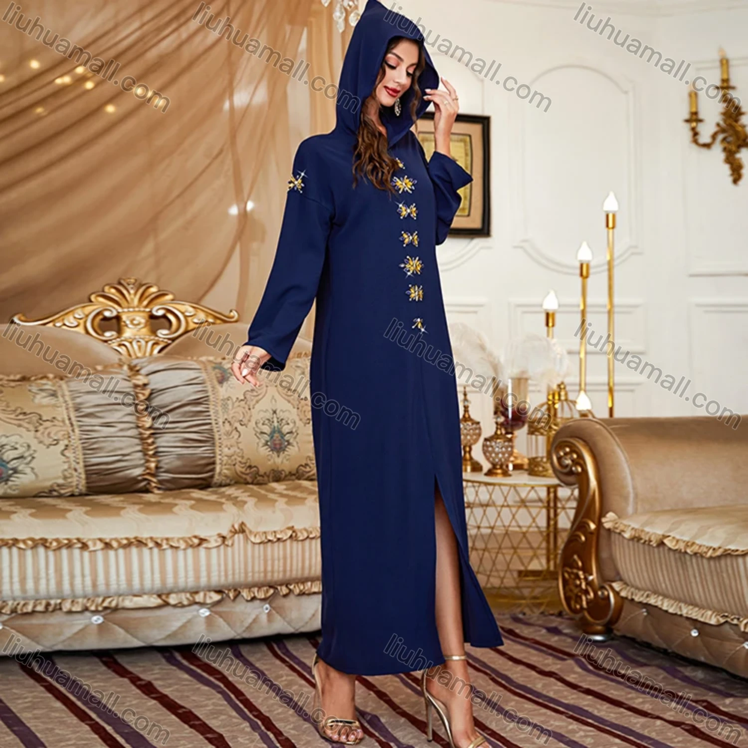 Wholesale Women's Muslim Islamic Plain Long Sleeve Hooded Rhinestone Split Front Robe Abaya Dress BA302# - Liuhuamall