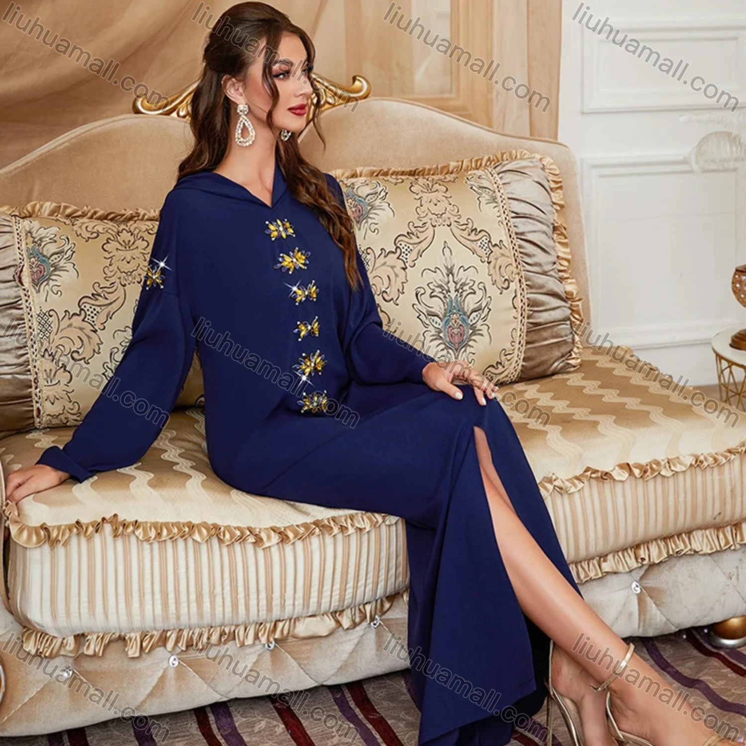 Wholesale Women's Muslim Islamic Plain Long Sleeve Hooded Rhinestone Split Front Robe Abaya Dress BA302# - Liuhuamall