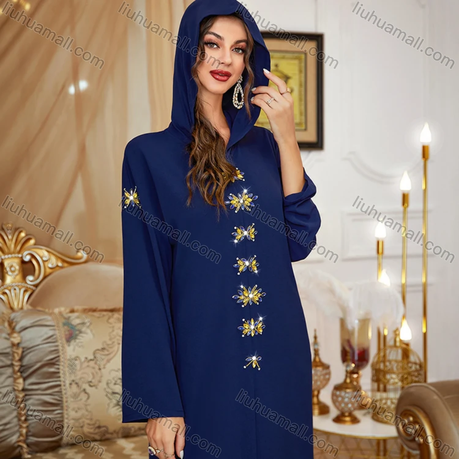 Wholesale Women's Muslim Islamic Plain Long Sleeve Hooded Rhinestone Split Front Robe Abaya Dress BA302# - Liuhuamall