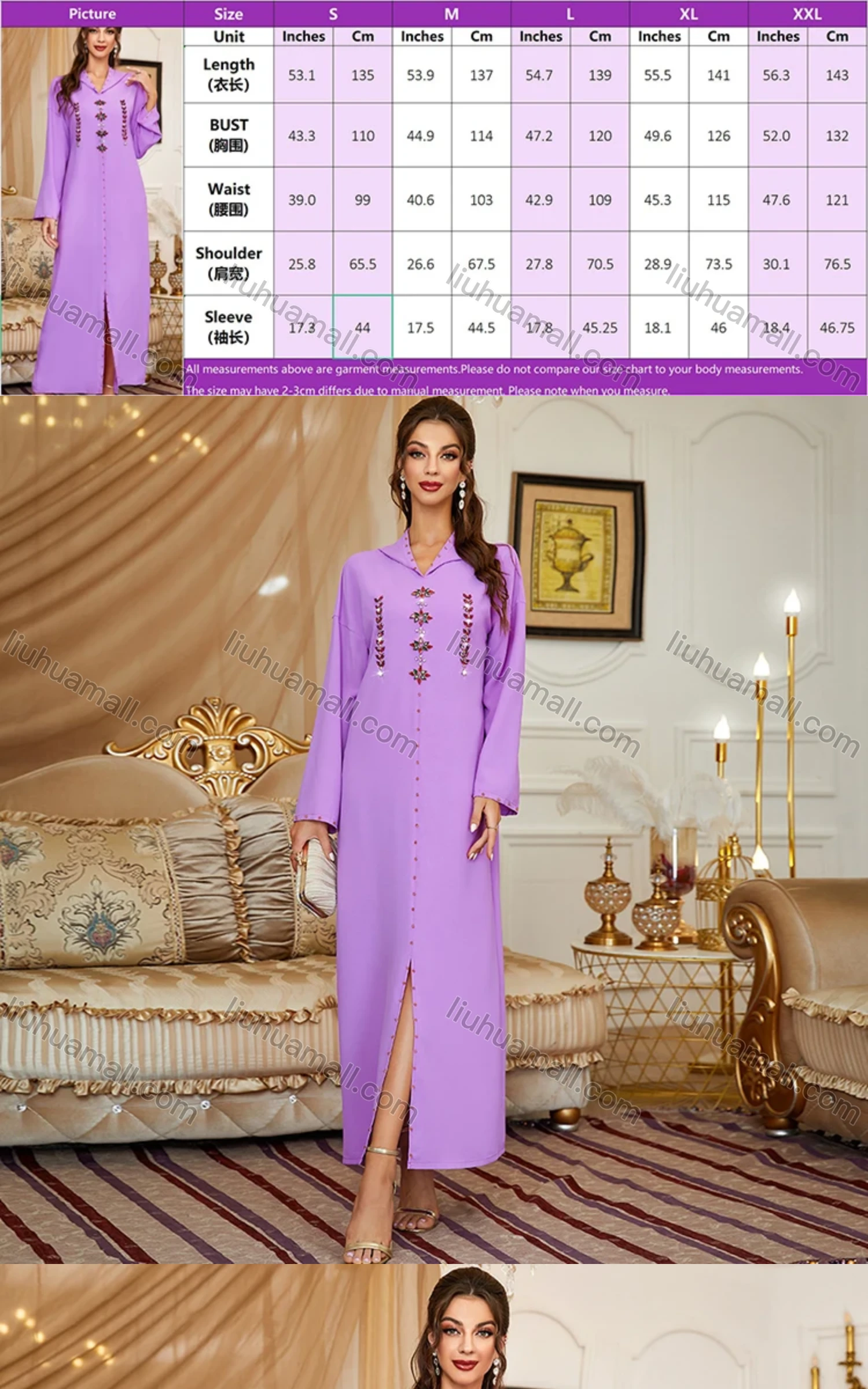 Wholesale Women's Muslim Islamic Plain Long Sleeve Split Front Hooded Rhinestone Robe Abaya Dress BA303# - Liuhuamall