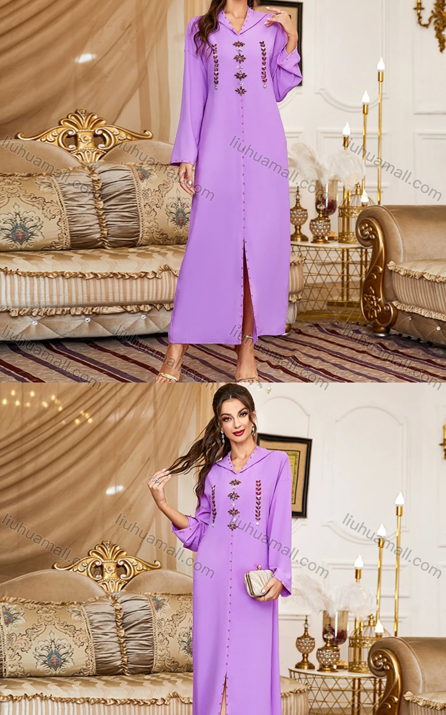 Wholesale Women's Muslim Islamic Plain Long Sleeve Split Front Hooded Rhinestone Robe Abaya Dress BA303# - Liuhuamall