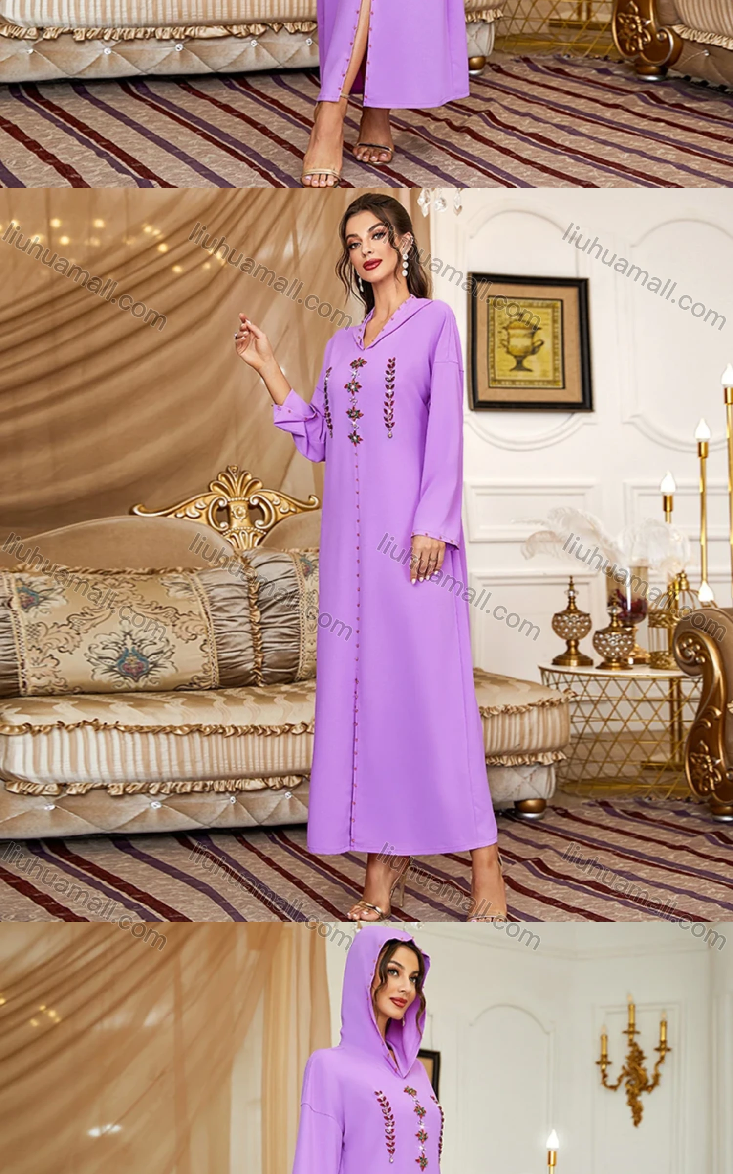 Wholesale Women's Muslim Islamic Plain Long Sleeve Split Front Hooded Rhinestone Robe Abaya Dress BA303# - Liuhuamall