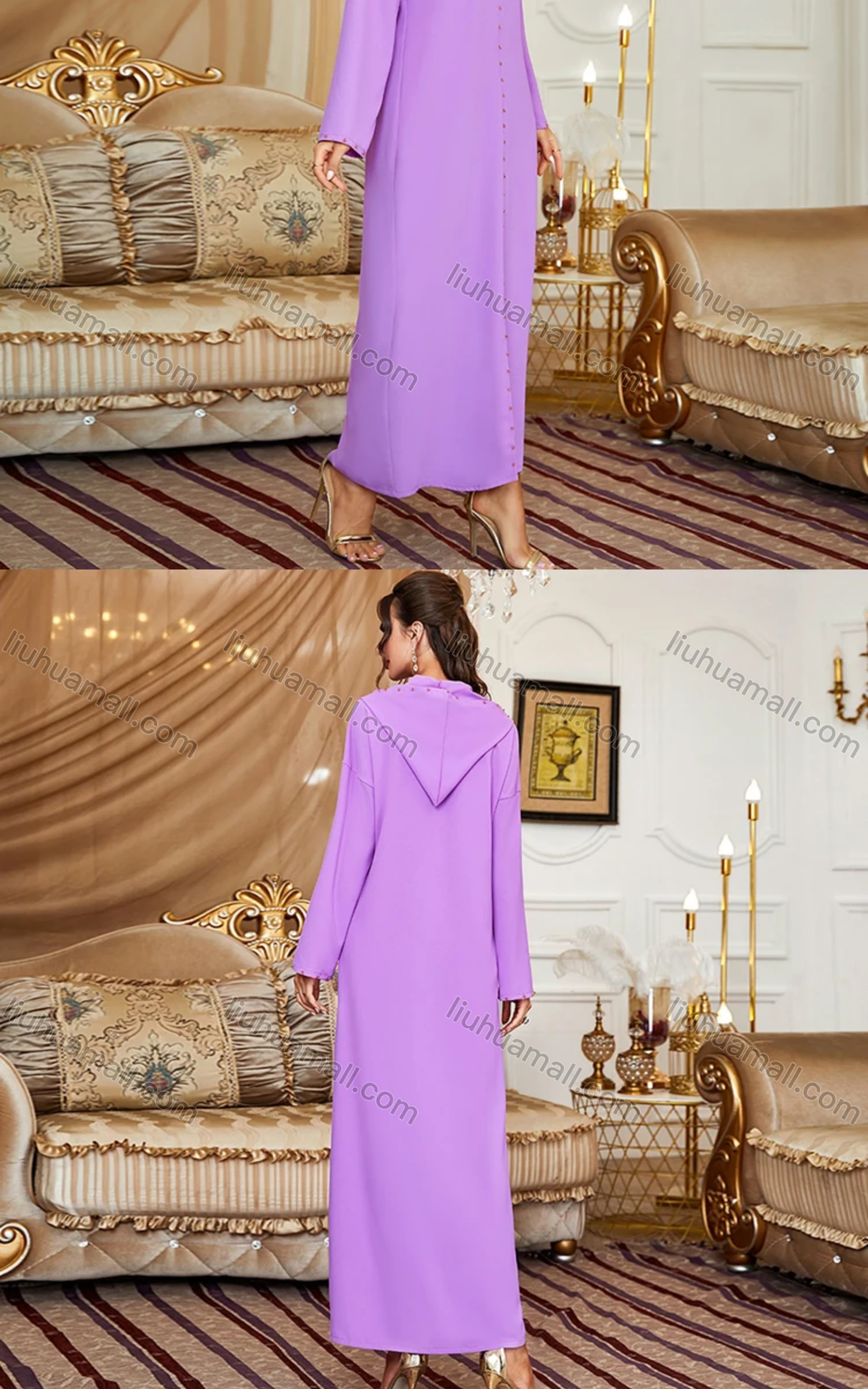 Wholesale Women's Muslim Islamic Plain Long Sleeve Split Front Hooded Rhinestone Robe Abaya Dress BA303# - Liuhuamall