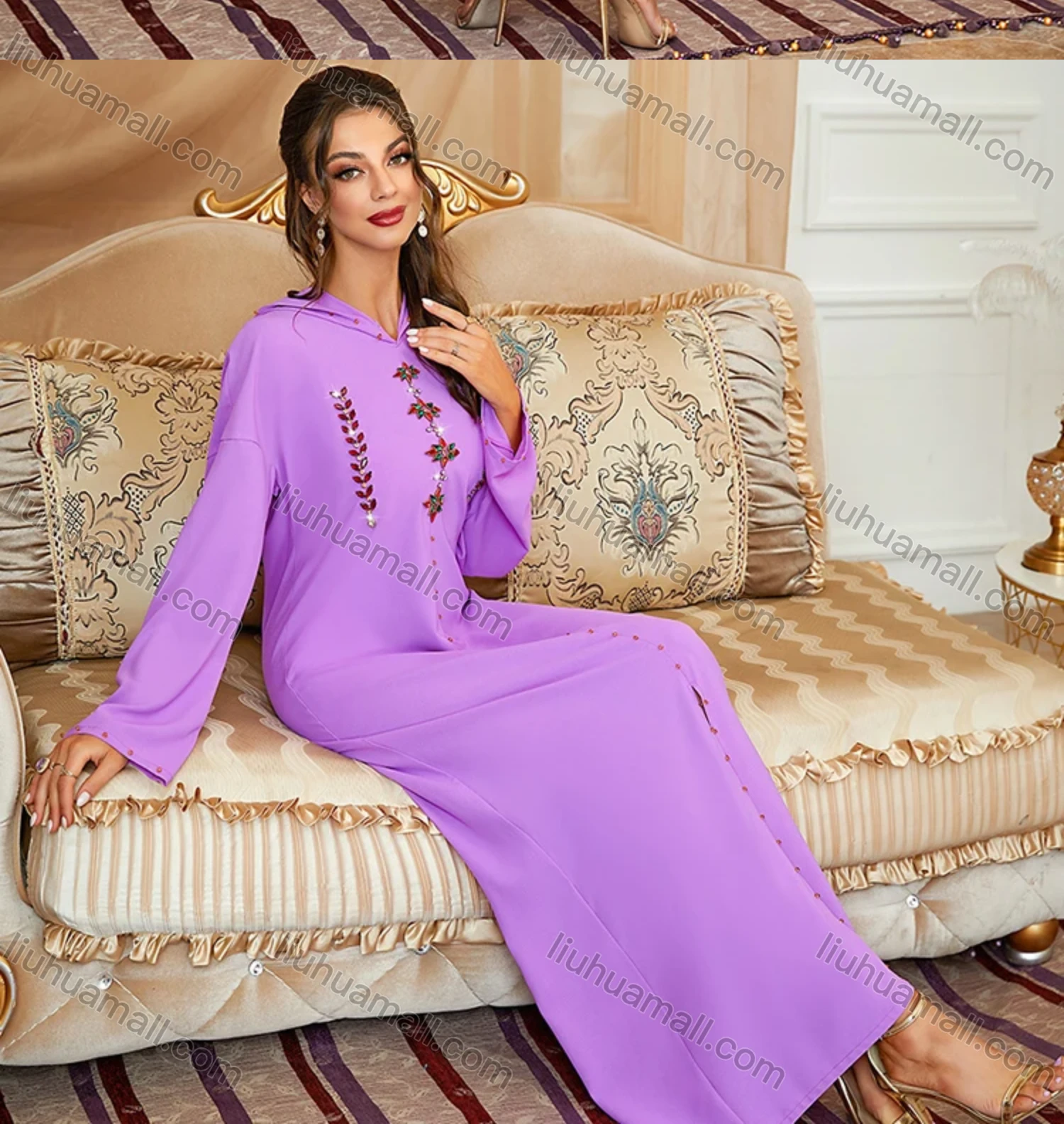 Wholesale Women's Muslim Islamic Plain Long Sleeve Split Front Hooded Rhinestone Robe Abaya Dress BA303# - Liuhuamall