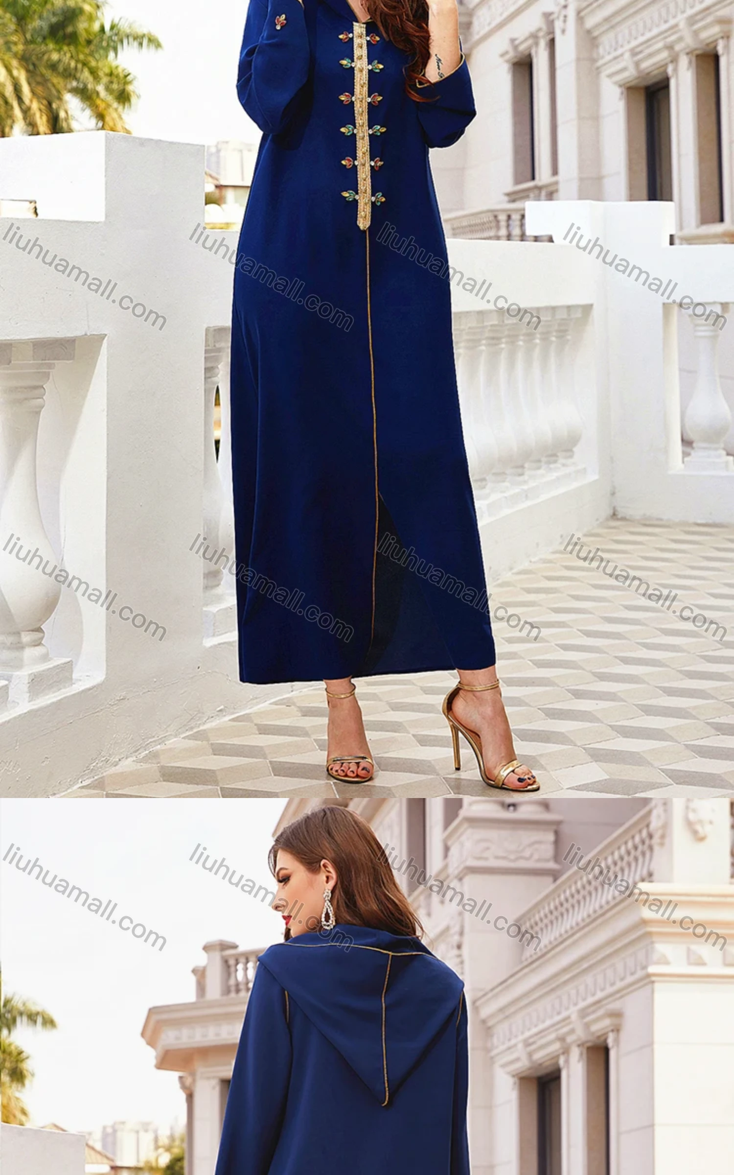 Wholesale Women's Muslim Islamic Hooded Plain Rhinestone Button Decor Split Front Robe Abaya Dress BA305# - Liuhuamall