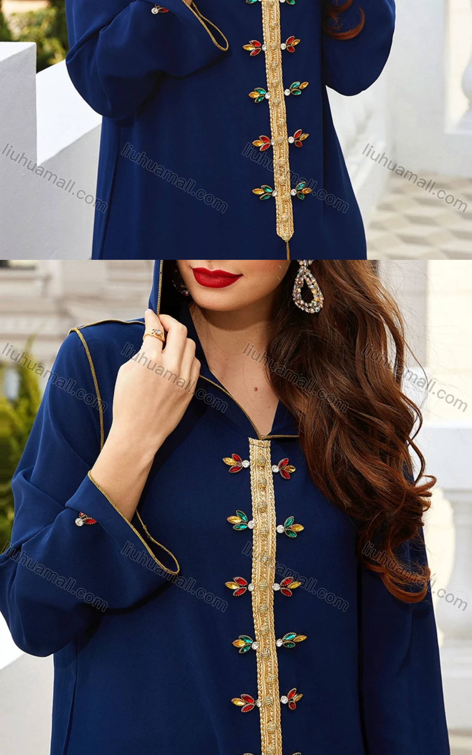 Wholesale Women's Muslim Islamic Hooded Plain Rhinestone Button Decor Split Front Robe Abaya Dress BA305# - Liuhuamall