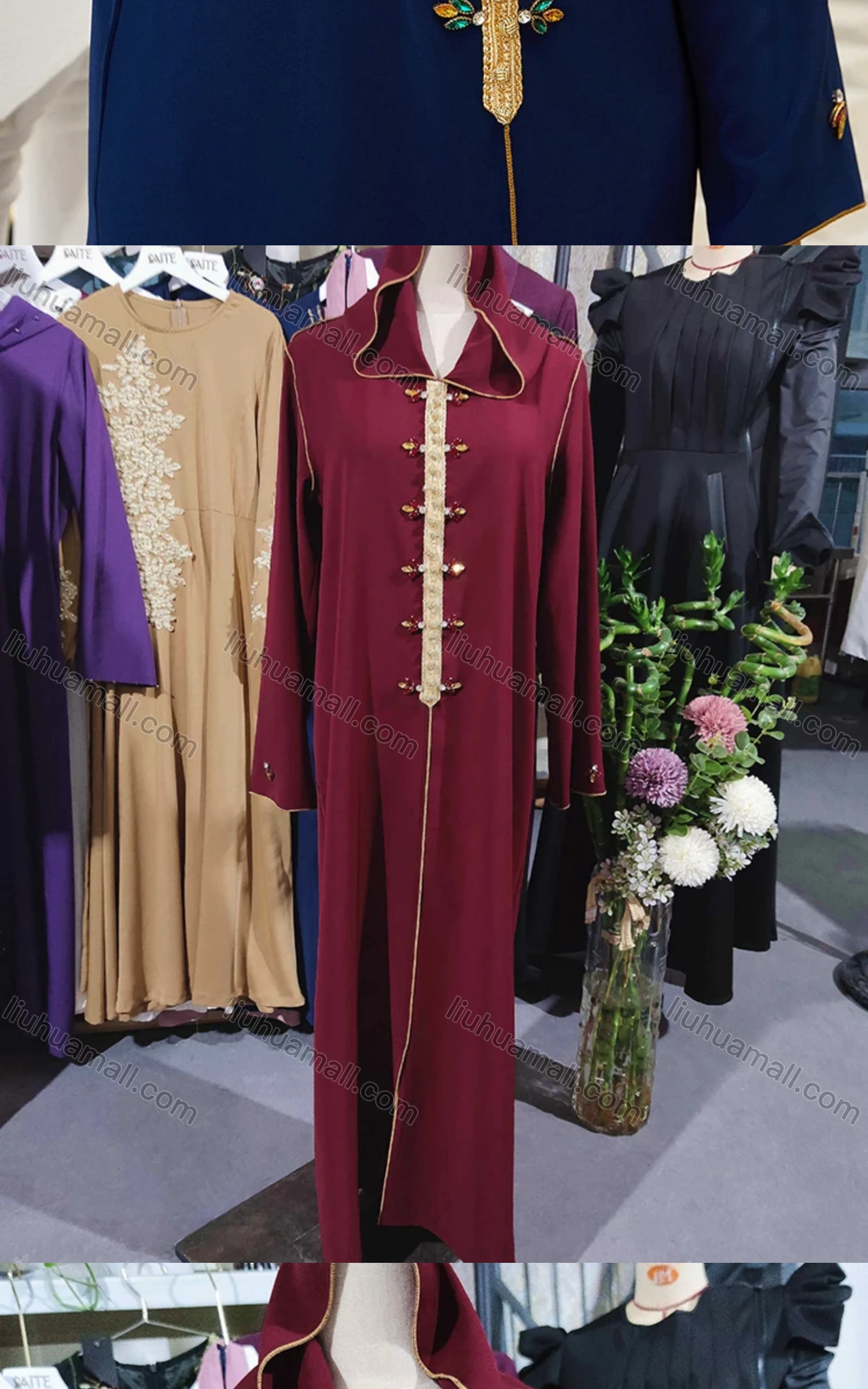 Wholesale Women's Muslim Islamic Hooded Plain Rhinestone Button Decor Split Front Robe Abaya Dress BA305# - Liuhuamall