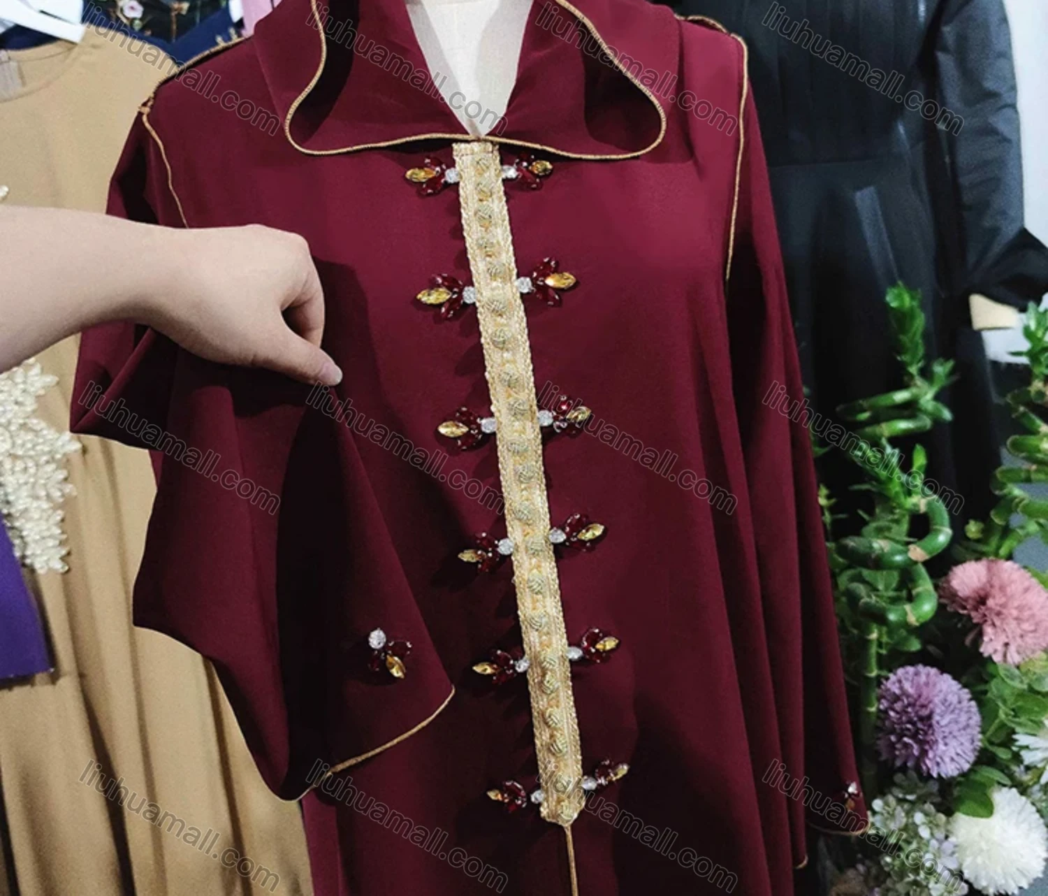 Wholesale Women's Muslim Islamic Hooded Plain Rhinestone Button Decor Split Front Robe Abaya Dress BA305# - Liuhuamall