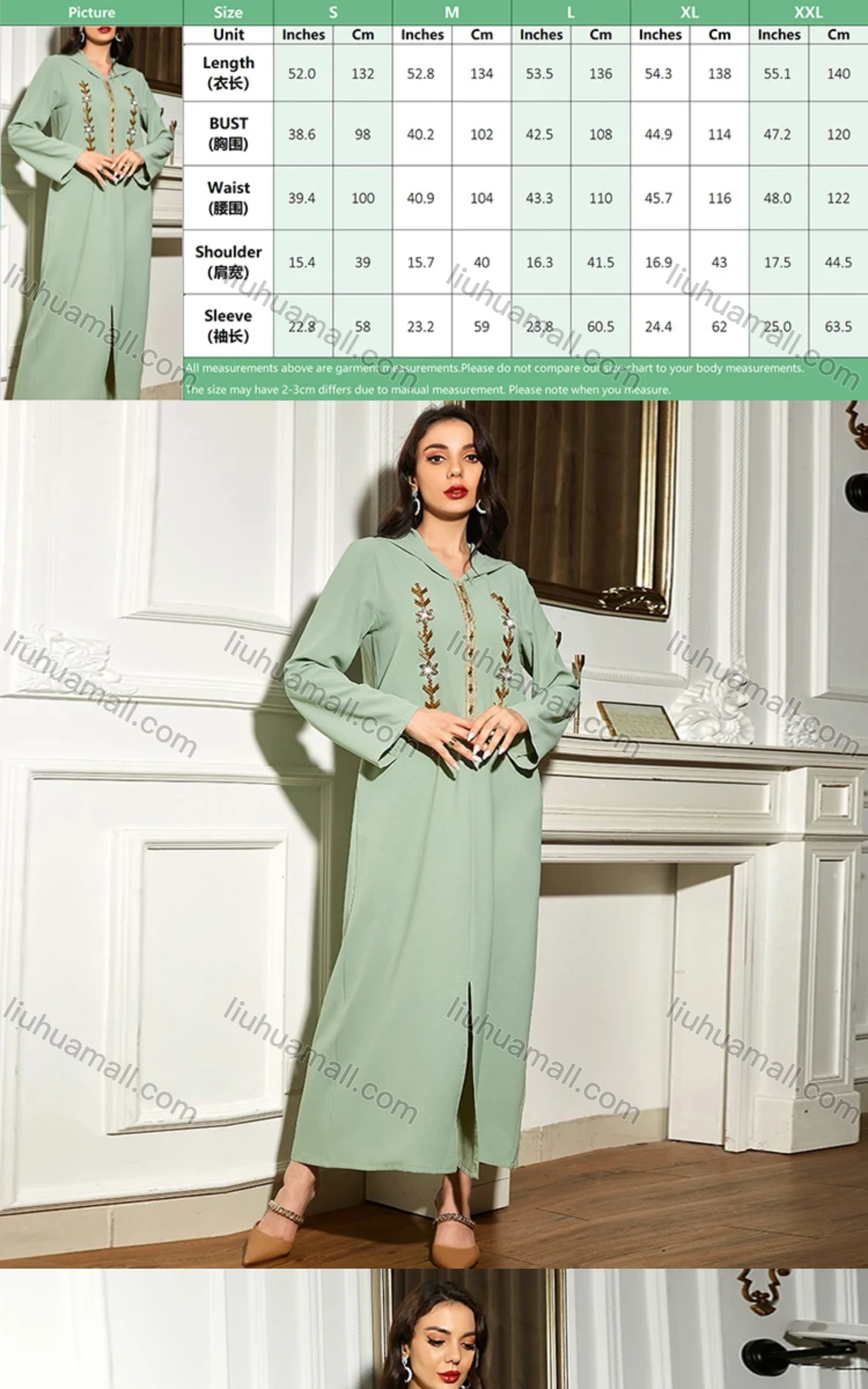 Wholesale Women's Muslim Islamic Plain Hooded Split Front Rhinestone Embroidered Robe Abaya Dress BA309# - Liuhuamall