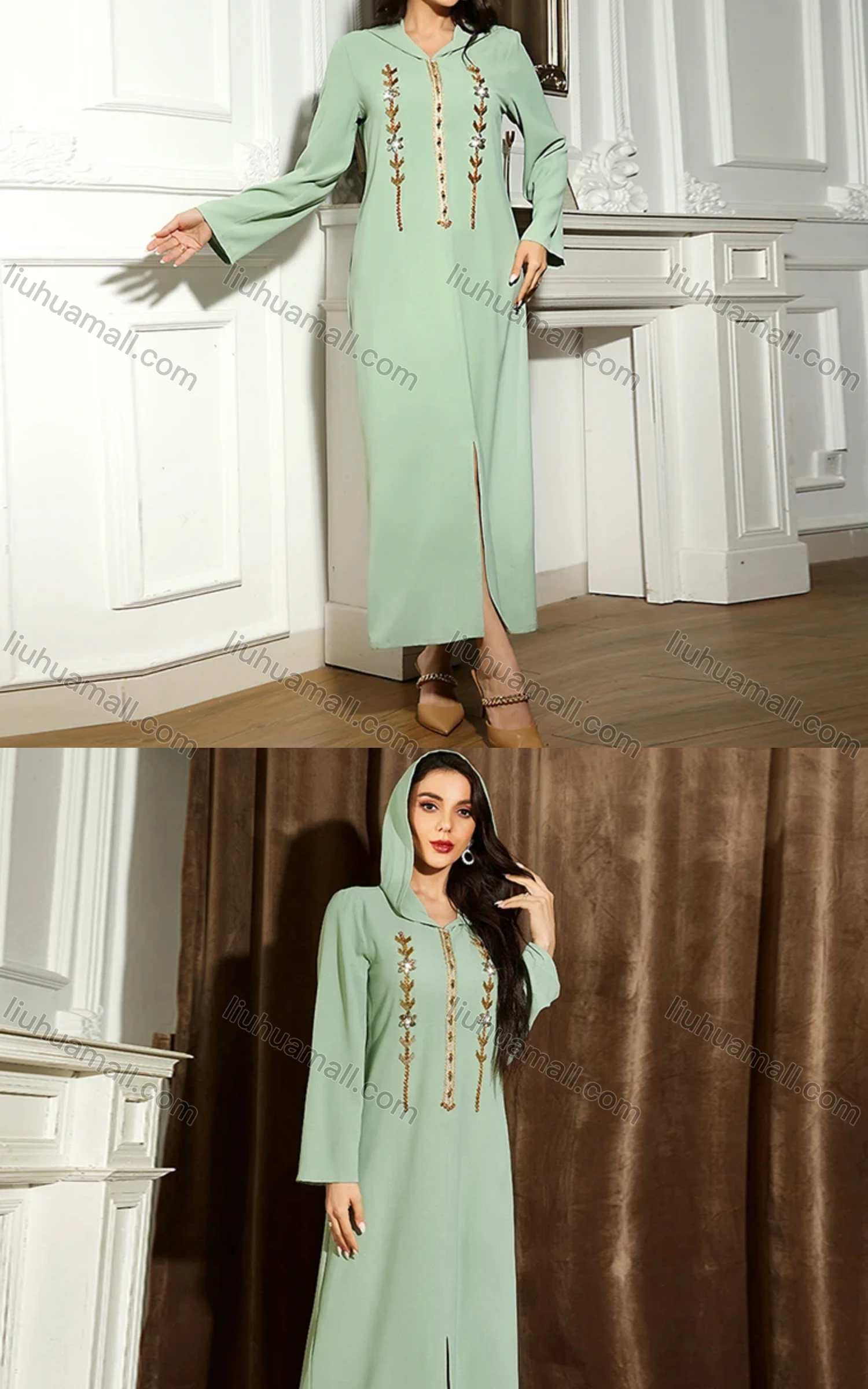 Wholesale Women's Muslim Islamic Plain Hooded Split Front Rhinestone Embroidered Robe Abaya Dress BA309# - Liuhuamall