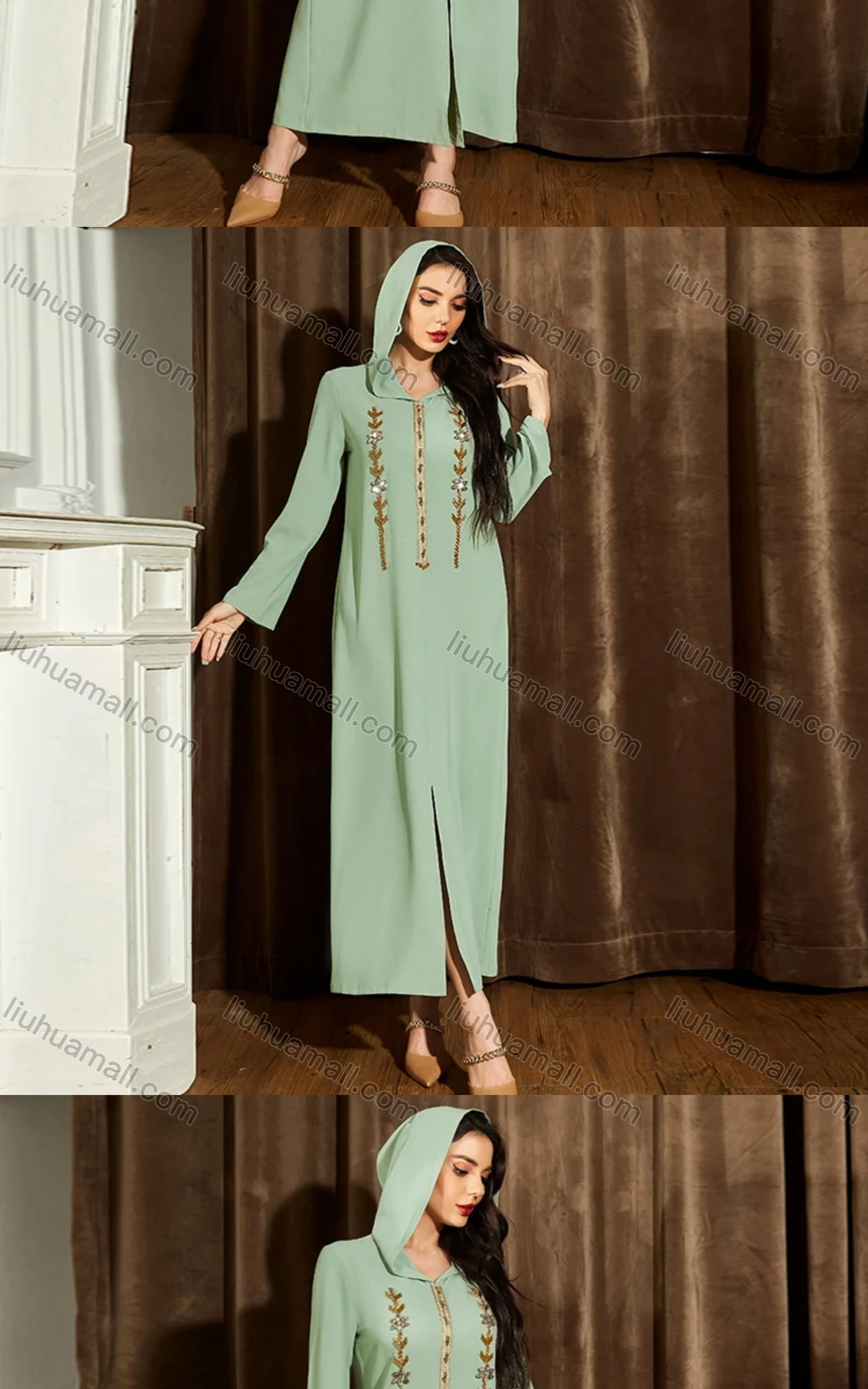 Wholesale Women's Muslim Islamic Plain Hooded Split Front Rhinestone Embroidered Robe Abaya Dress BA309# - Liuhuamall