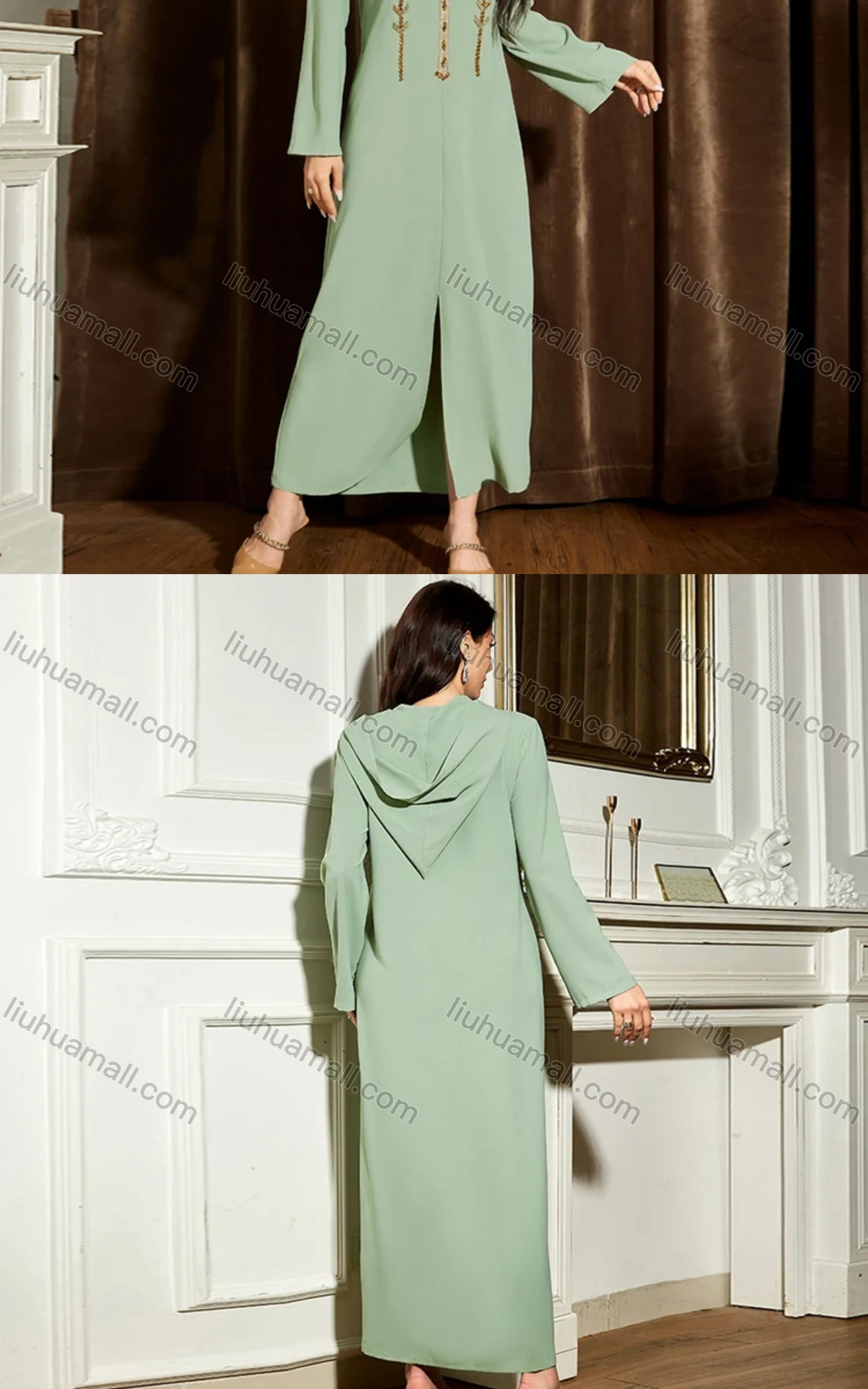 Wholesale Women's Muslim Islamic Plain Hooded Split Front Rhinestone Embroidered Robe Abaya Dress BA309# - Liuhuamall