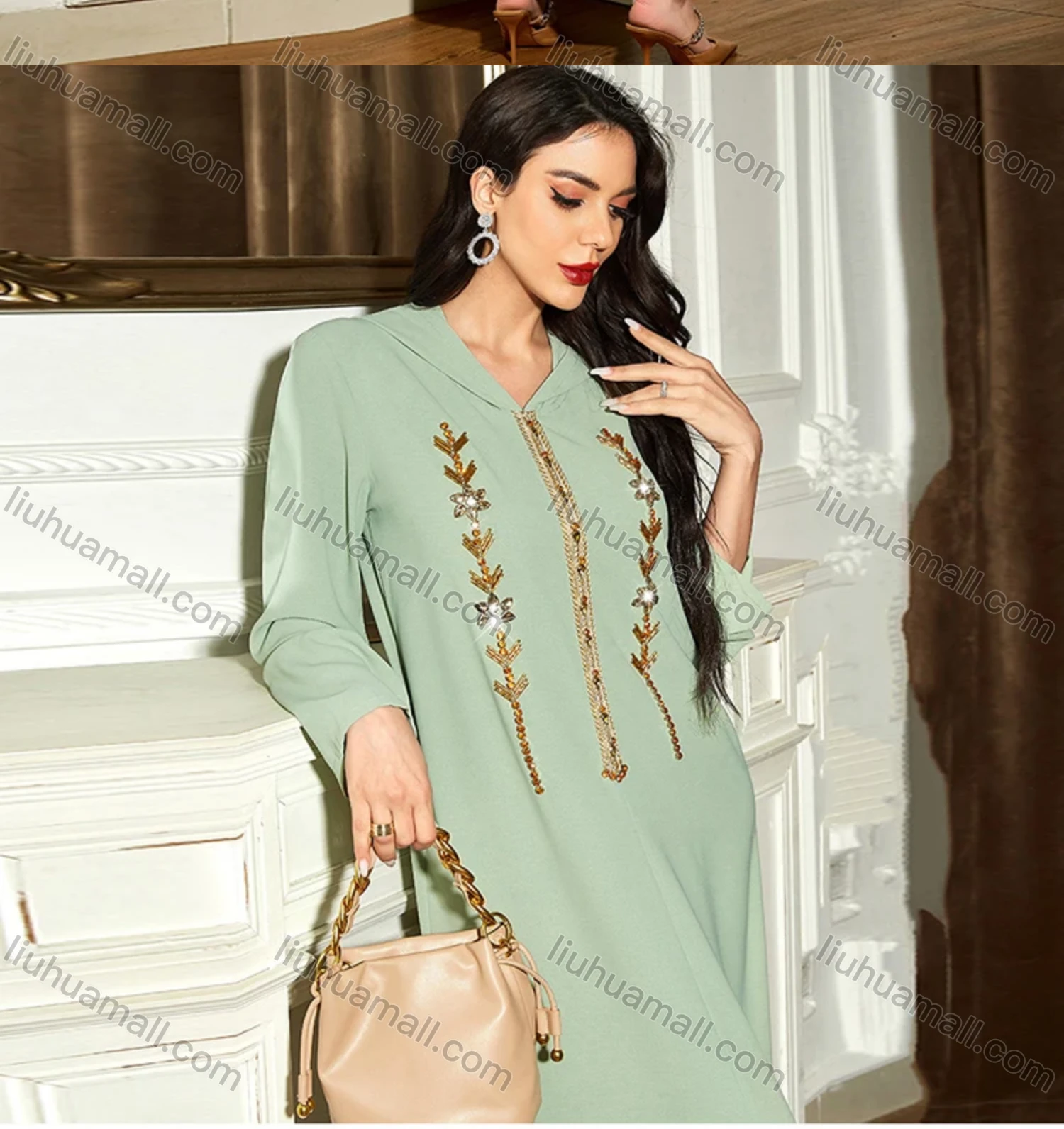 Wholesale Women's Muslim Islamic Plain Hooded Split Front Rhinestone Embroidered Robe Abaya Dress BA309# - Liuhuamall