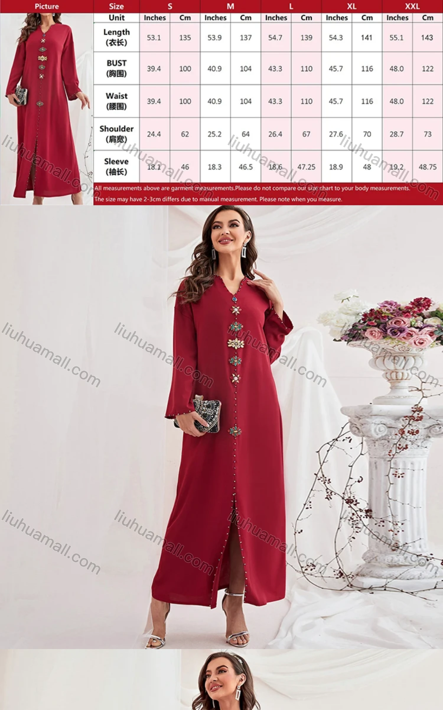 Wholesale Women's Muslim Islamic Plain Notched Neck Rhinestone Split Front Robe Abaya Dress BA311# - Liuhuamall