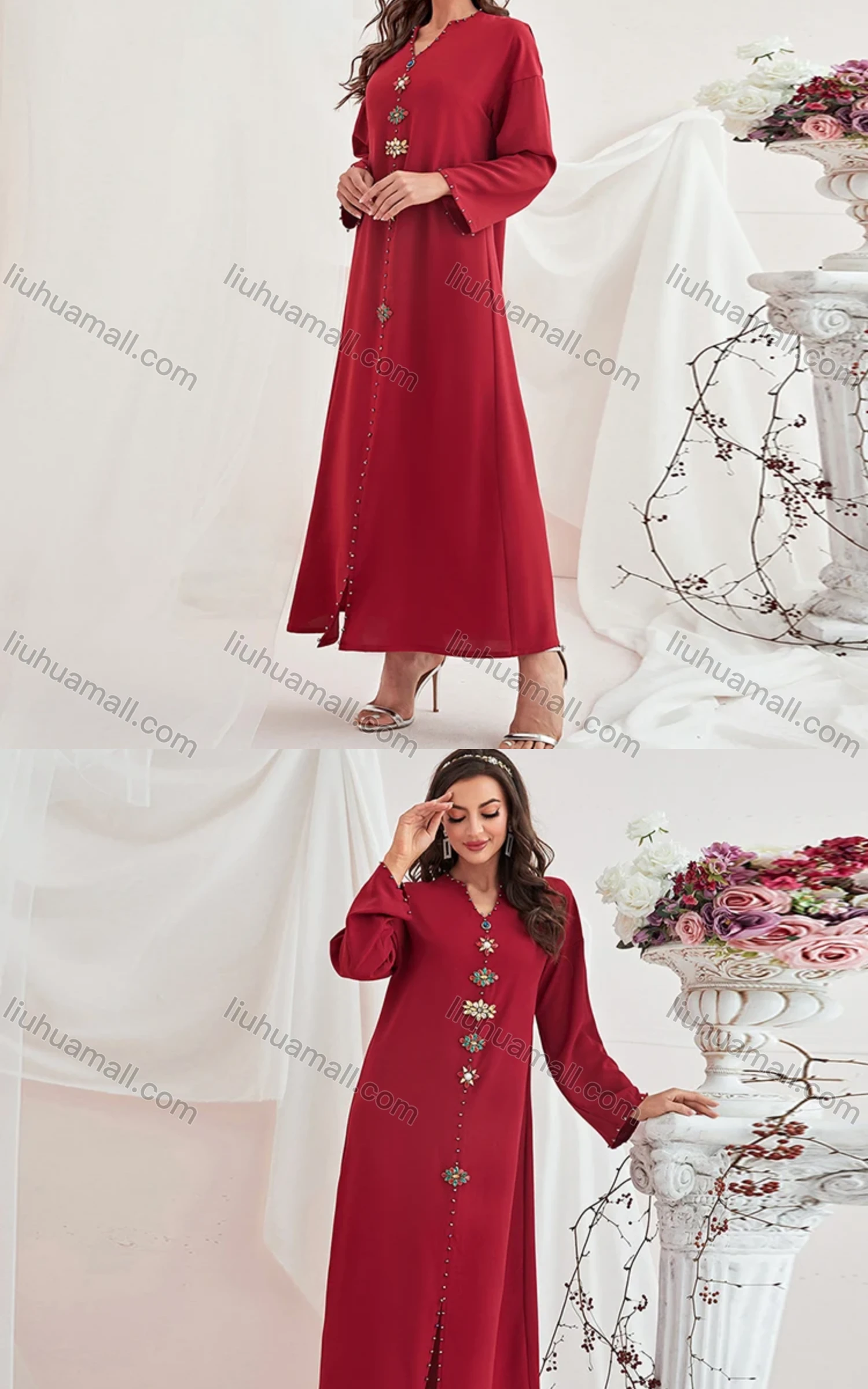 Wholesale Women's Muslim Islamic Plain Notched Neck Rhinestone Split Front Robe Abaya Dress BA311# - Liuhuamall