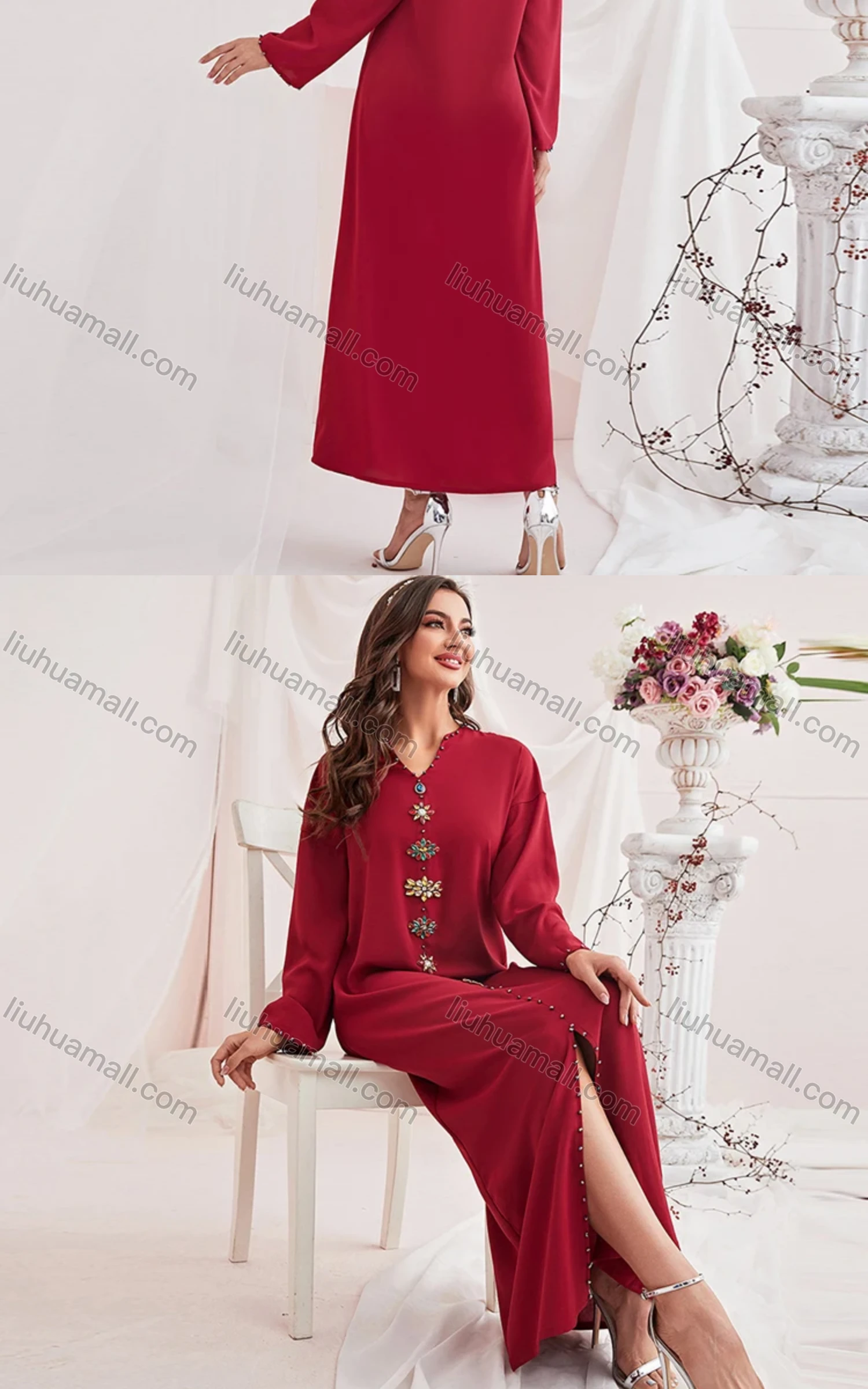 Wholesale Women's Muslim Islamic Plain Notched Neck Rhinestone Split Front Robe Abaya Dress BA311# - Liuhuamall