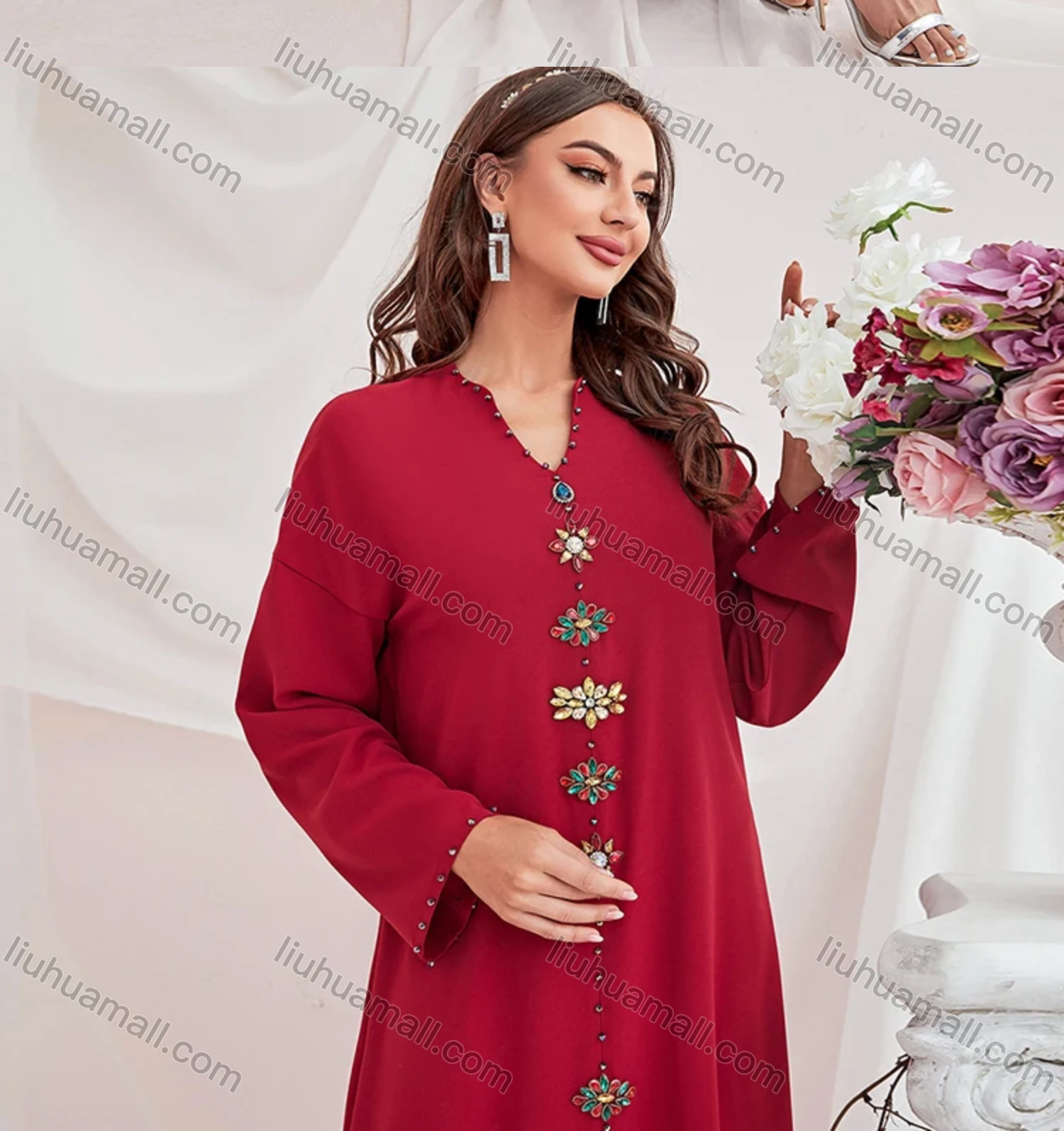 Wholesale Women's Muslim Islamic Plain Notched Neck Rhinestone Split Front Robe Abaya Dress BA311# - Liuhuamall