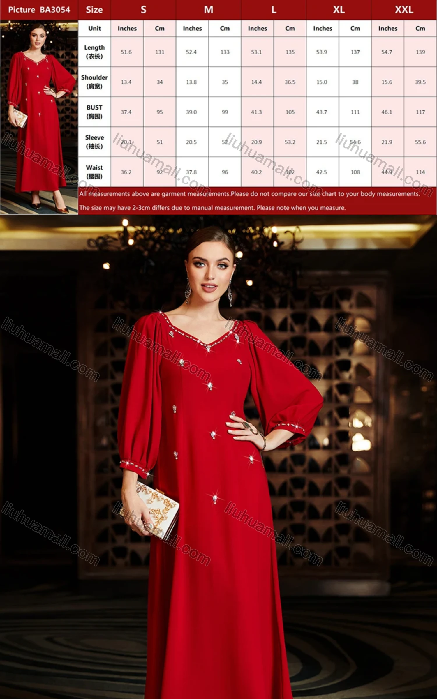Wholesale Women's Muslim Islamic Plain Sweetheart Neck 3/4 Sleeve Rhinestone Maxi Dress BA3054# - Liuhuamall