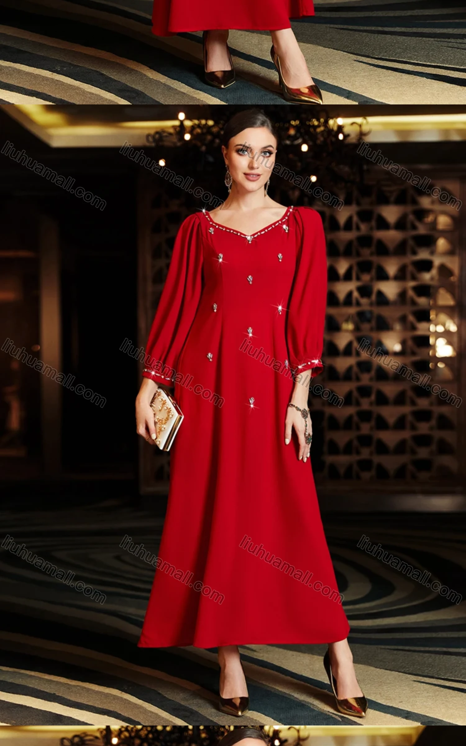 Wholesale Women's Muslim Islamic Plain Sweetheart Neck 3/4 Sleeve Rhinestone Maxi Dress BA3054# - Liuhuamall
