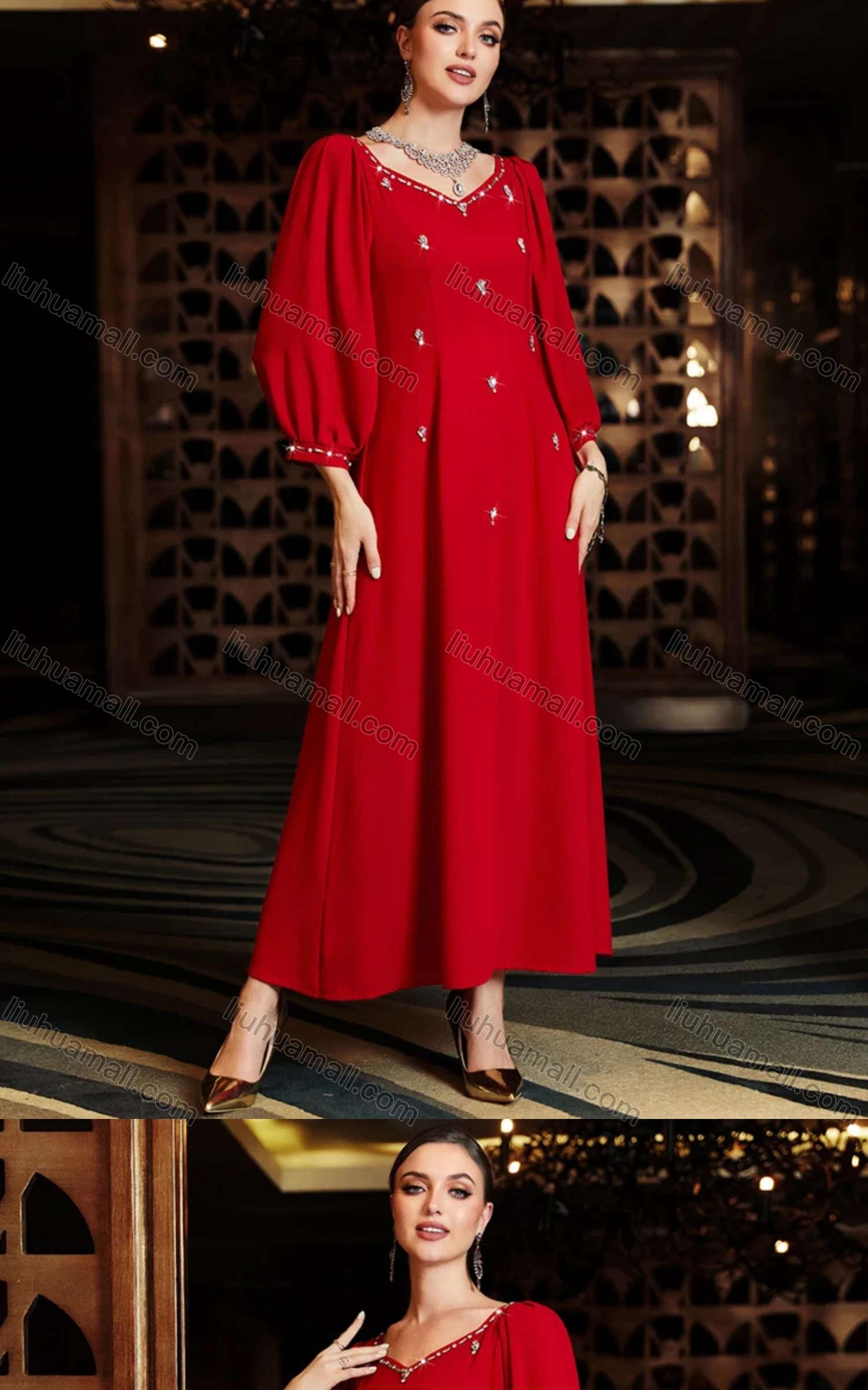Wholesale Women's Muslim Islamic Plain Sweetheart Neck 3/4 Sleeve Rhinestone Maxi Dress BA3054# - Liuhuamall