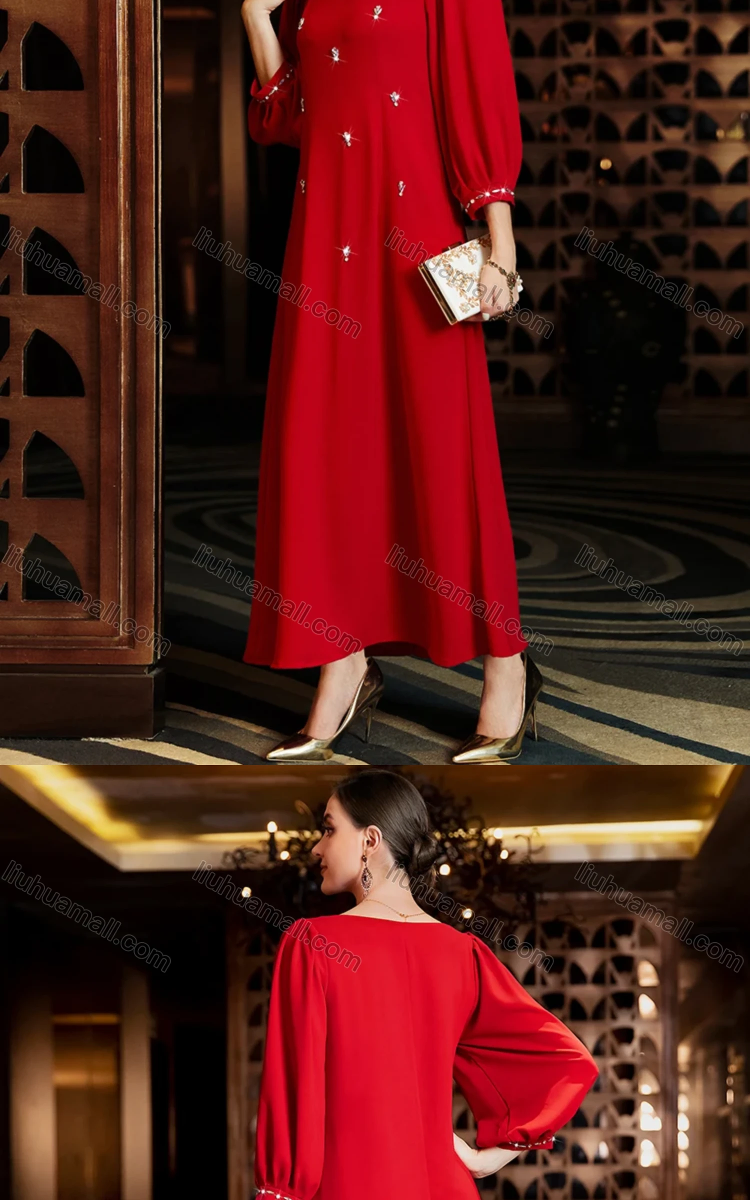 Wholesale Women's Muslim Islamic Plain Sweetheart Neck 3/4 Sleeve Rhinestone Maxi Dress BA3054# - Liuhuamall