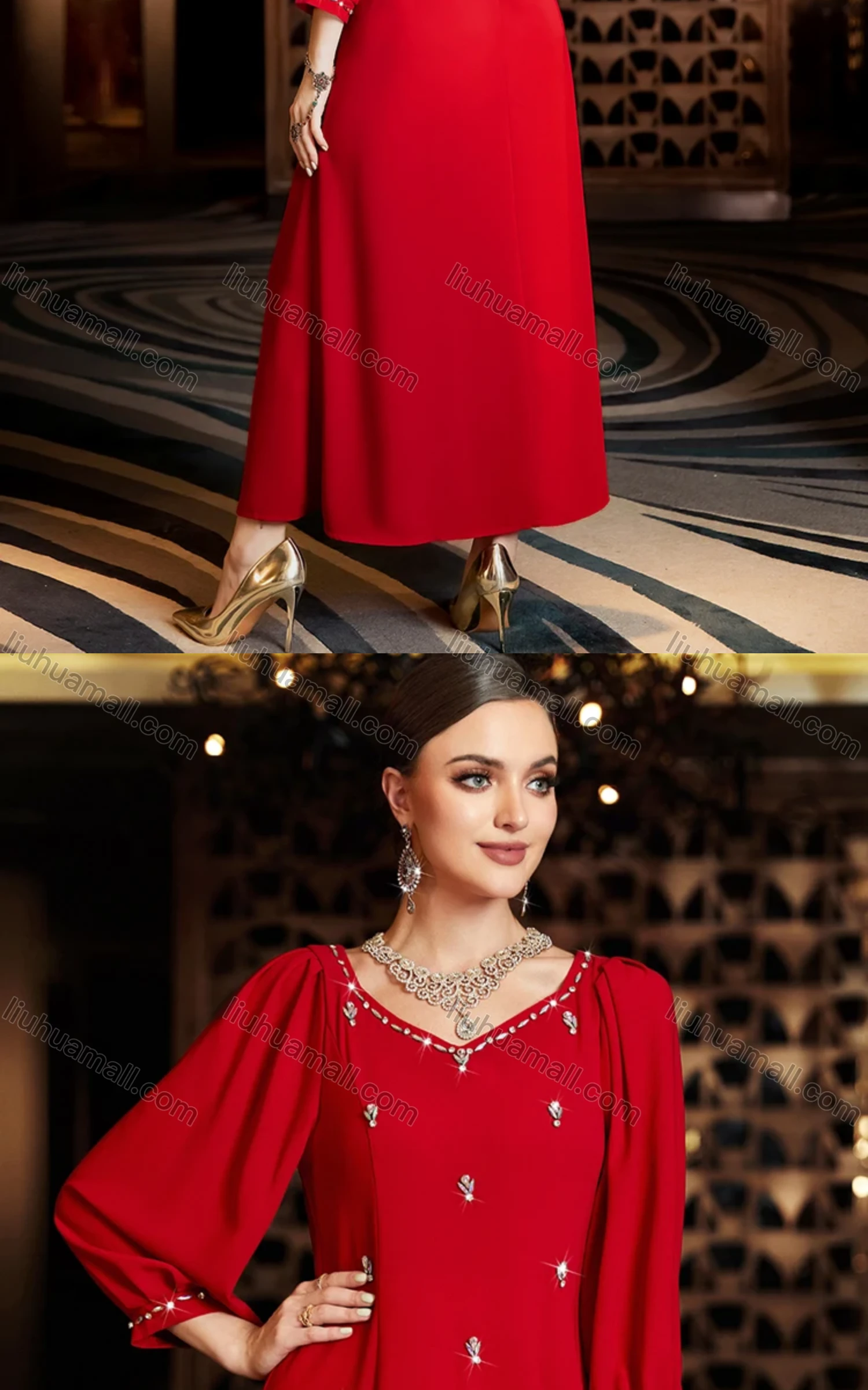 Wholesale Women's Muslim Islamic Plain Sweetheart Neck 3/4 Sleeve Rhinestone Maxi Dress BA3054# - Liuhuamall
