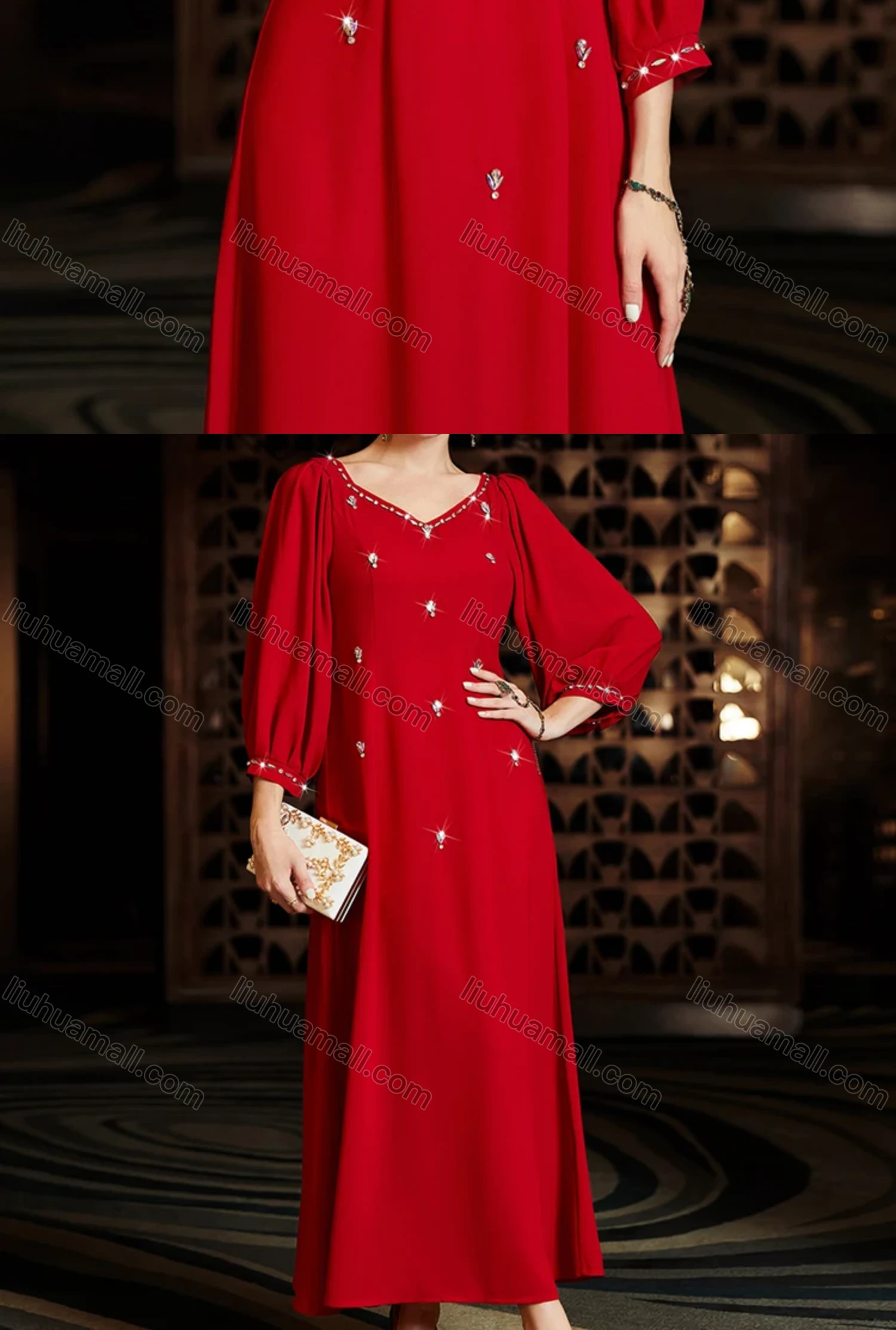 Wholesale Women's Muslim Islamic Plain Sweetheart Neck 3/4 Sleeve Rhinestone Maxi Dress BA3054# - Liuhuamall