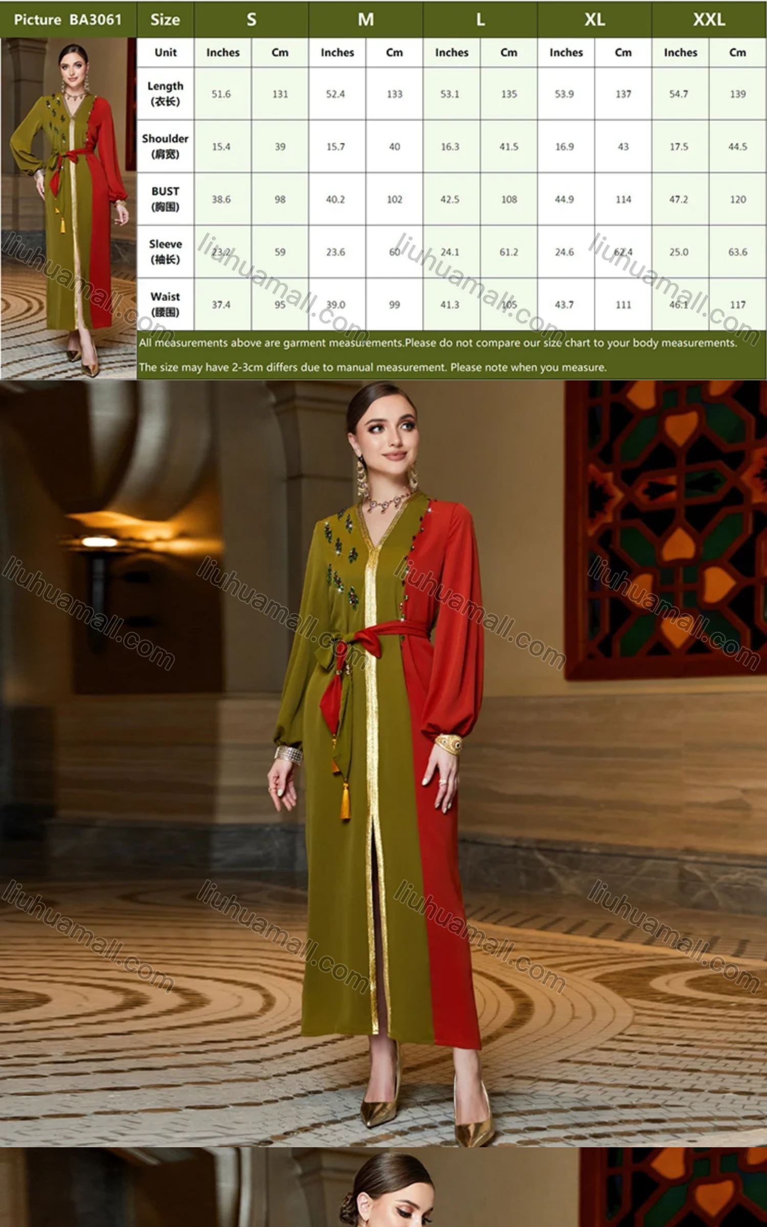 Wholesale Women's Elegant Muslim Islamic Splicing Colorblock Rhinestone Split Front Robe Abaya Dress With Belt BA3061# - Liuhuamall