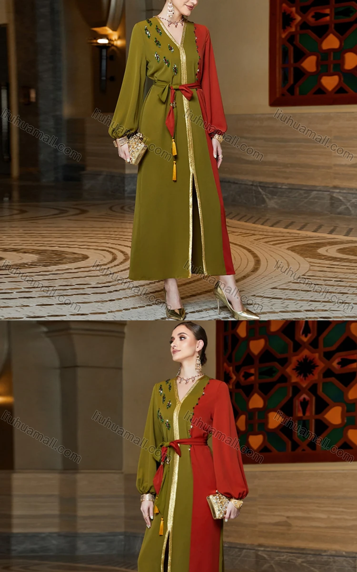 Wholesale Women's Elegant Muslim Islamic Splicing Colorblock Rhinestone Split Front Robe Abaya Dress With Belt BA3061# - Liuhuamall