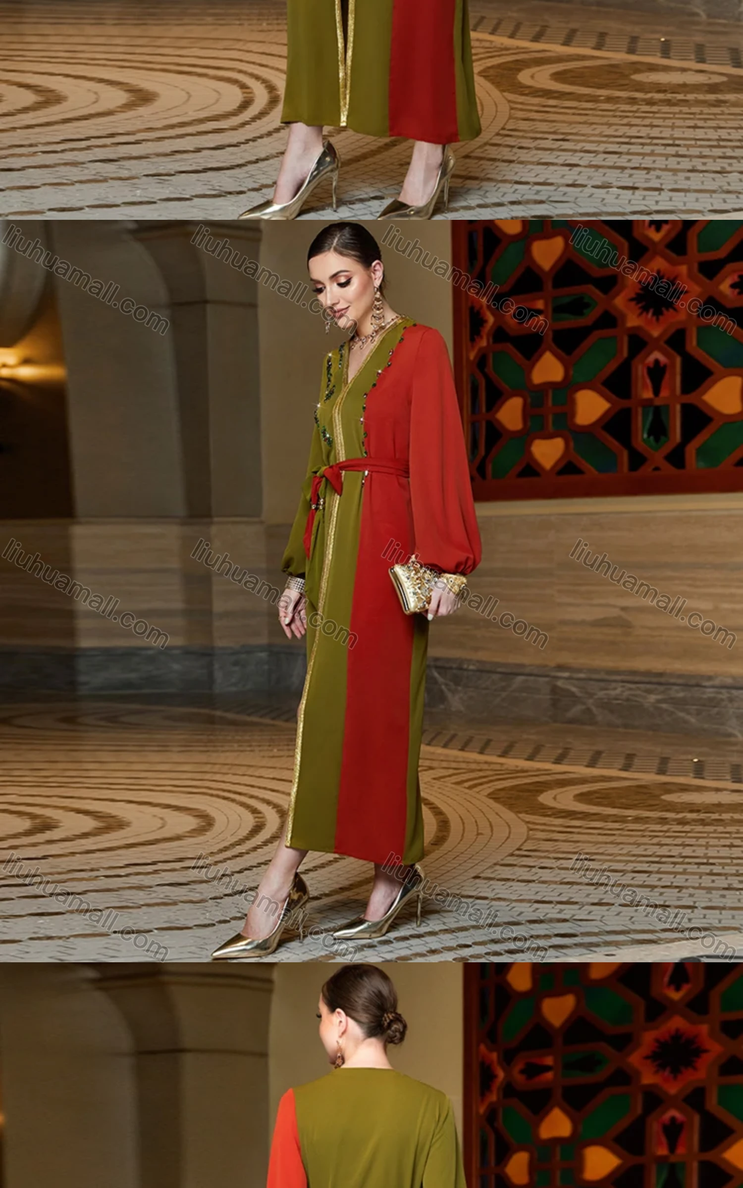 Wholesale Women's Elegant Muslim Islamic Splicing Colorblock Rhinestone Split Front Robe Abaya Dress With Belt BA3061# - Liuhuamall