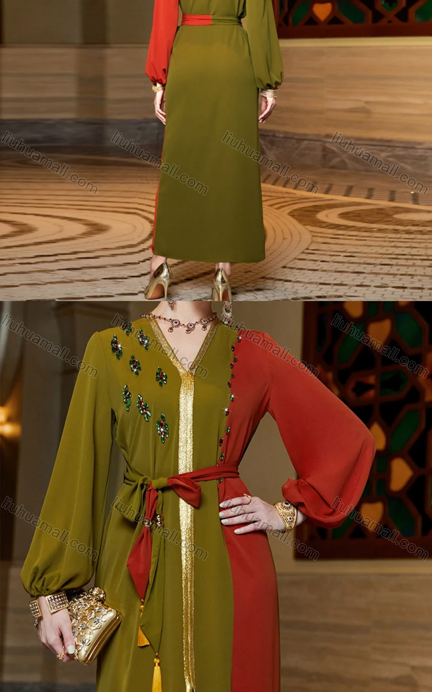 Wholesale Women's Elegant Muslim Islamic Splicing Colorblock Rhinestone Split Front Robe Abaya Dress With Belt BA3061# - Liuhuamall