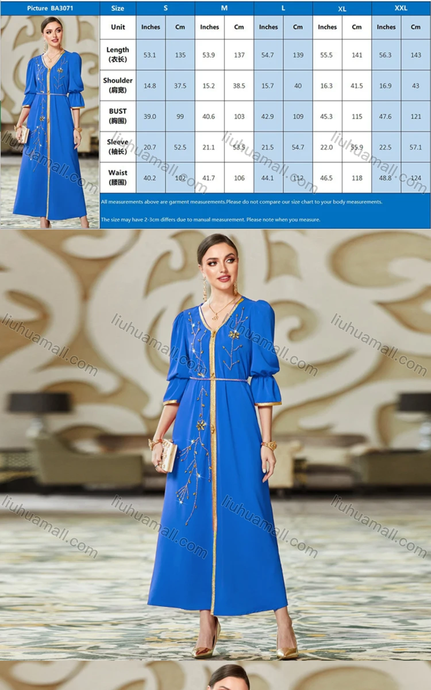Wholesale Women's Elegant Muslim Islamic Plain Embroidered Split Front Rhinestone Robe Dress BA3071# - Liuhuamall
