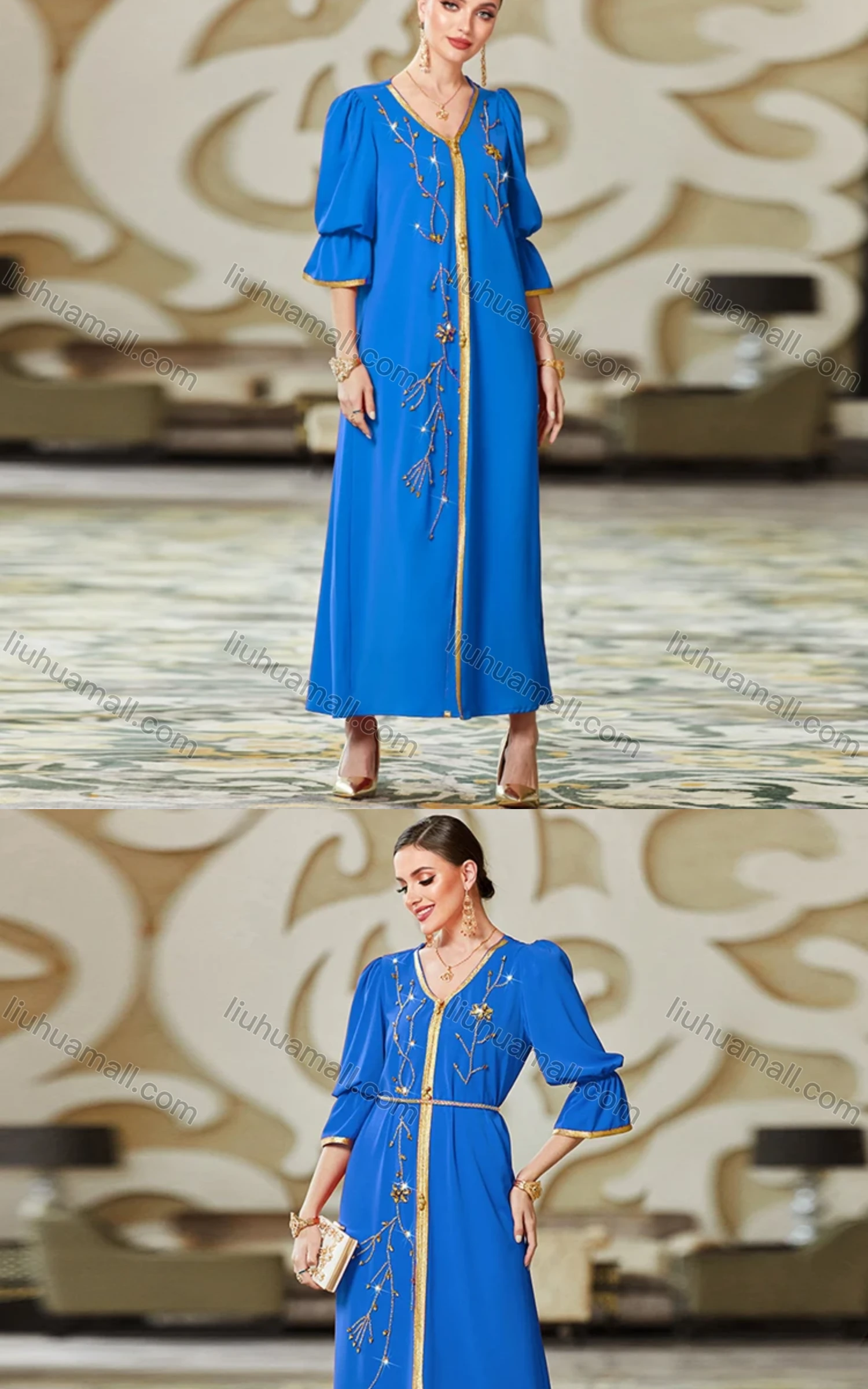 Wholesale Women's Elegant Muslim Islamic Plain Embroidered Split Front Rhinestone Robe Dress BA3071# - Liuhuamall