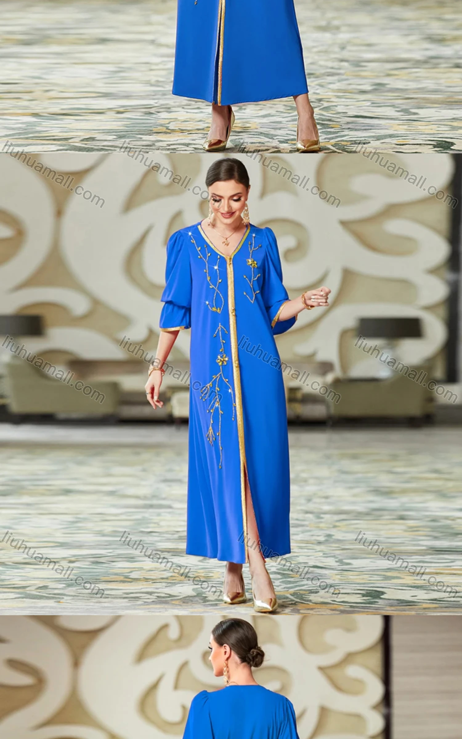 Wholesale Women's Elegant Muslim Islamic Plain Embroidered Split Front Rhinestone Robe Dress BA3071# - Liuhuamall