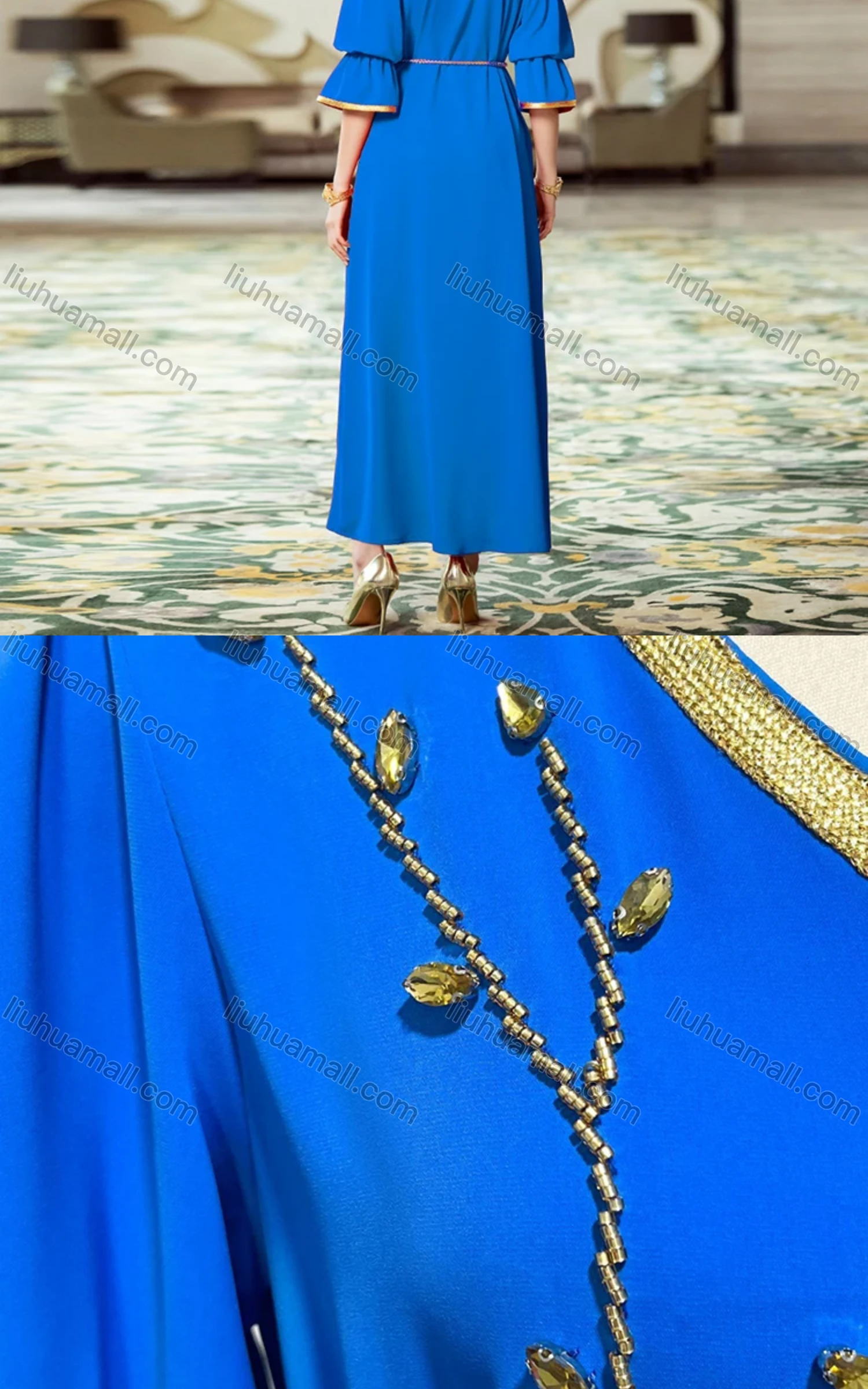 Wholesale Women's Elegant Muslim Islamic Plain Embroidered Split Front Rhinestone Robe Dress BA3071# - Liuhuamall