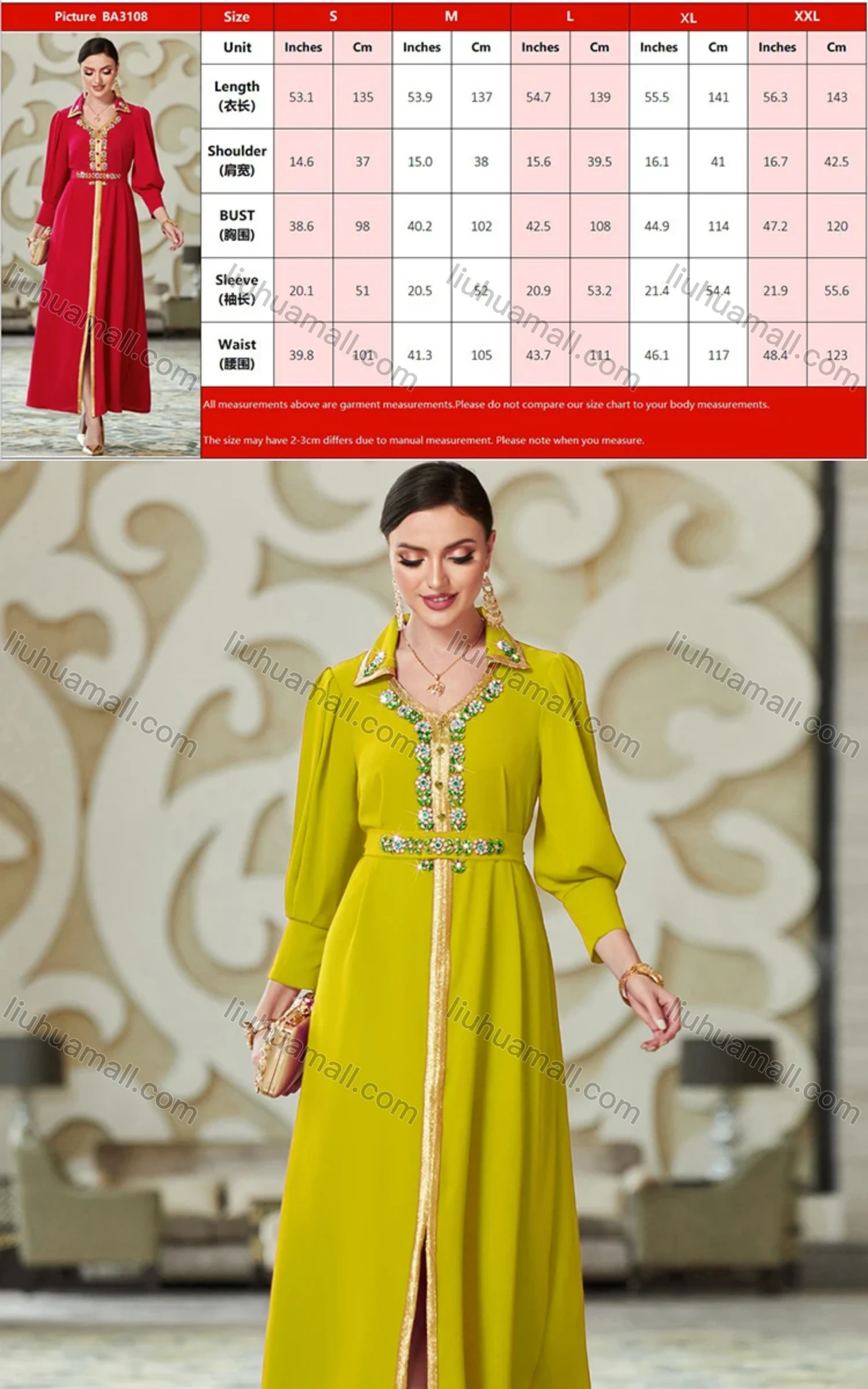 Wholesale Women's Elegant Muslim Islamic Plain Rhinestone Button Decor Embroidered Split Front Robe Dress BA3108# - Liuhuamall