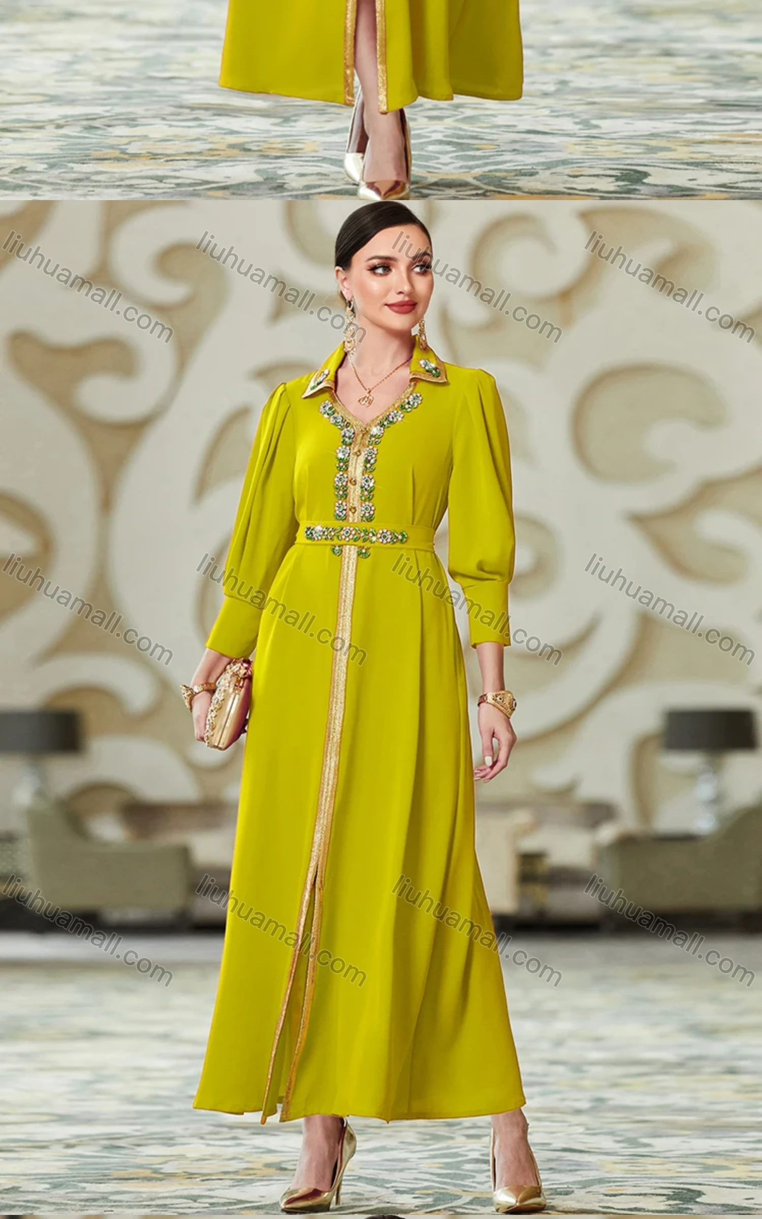 Wholesale Women's Elegant Muslim Islamic Plain Rhinestone Button Decor Embroidered Split Front Robe Dress BA3108# - Liuhuamall