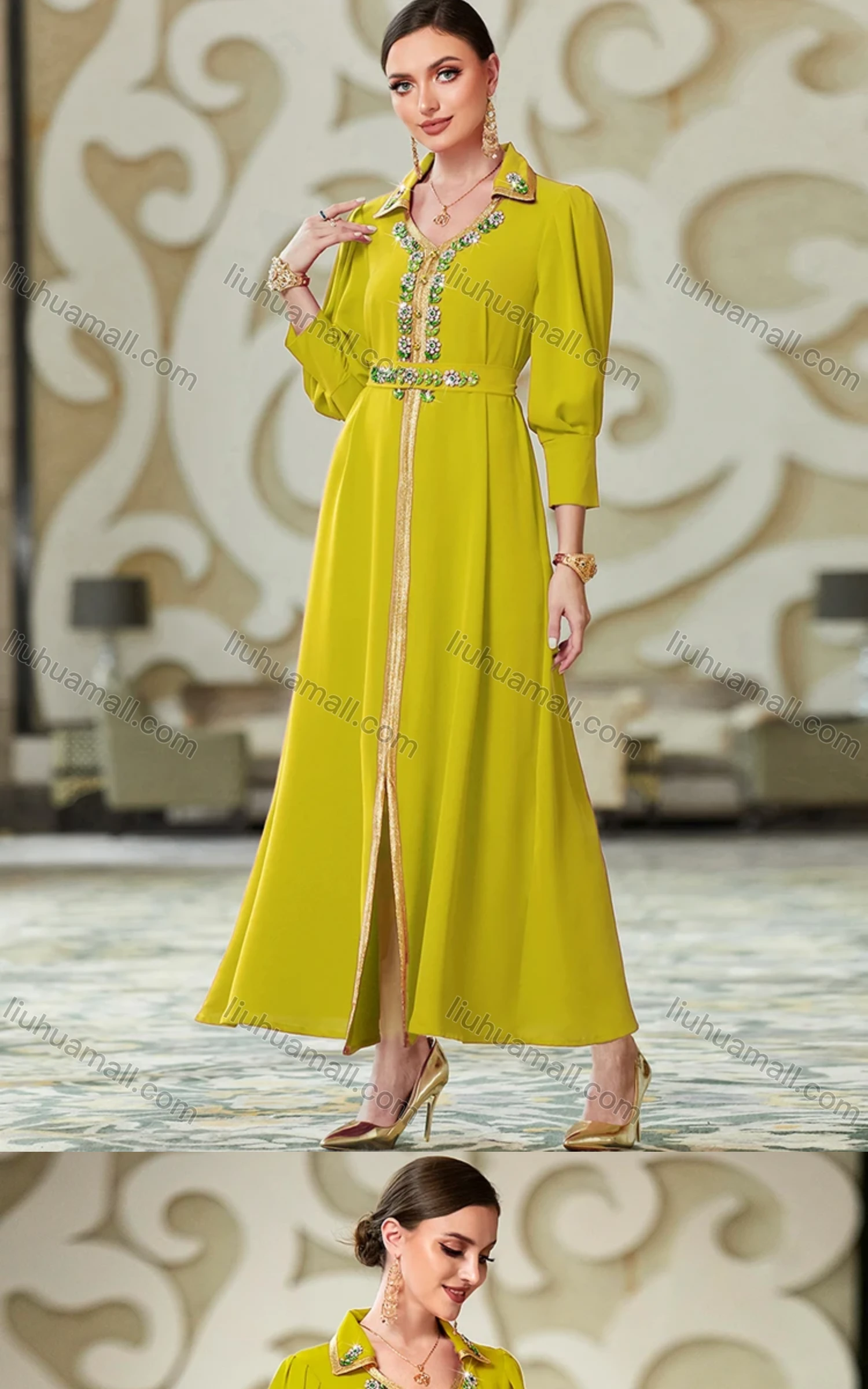 Wholesale Women's Elegant Muslim Islamic Plain Rhinestone Button Decor Embroidered Split Front Robe Dress BA3108# - Liuhuamall