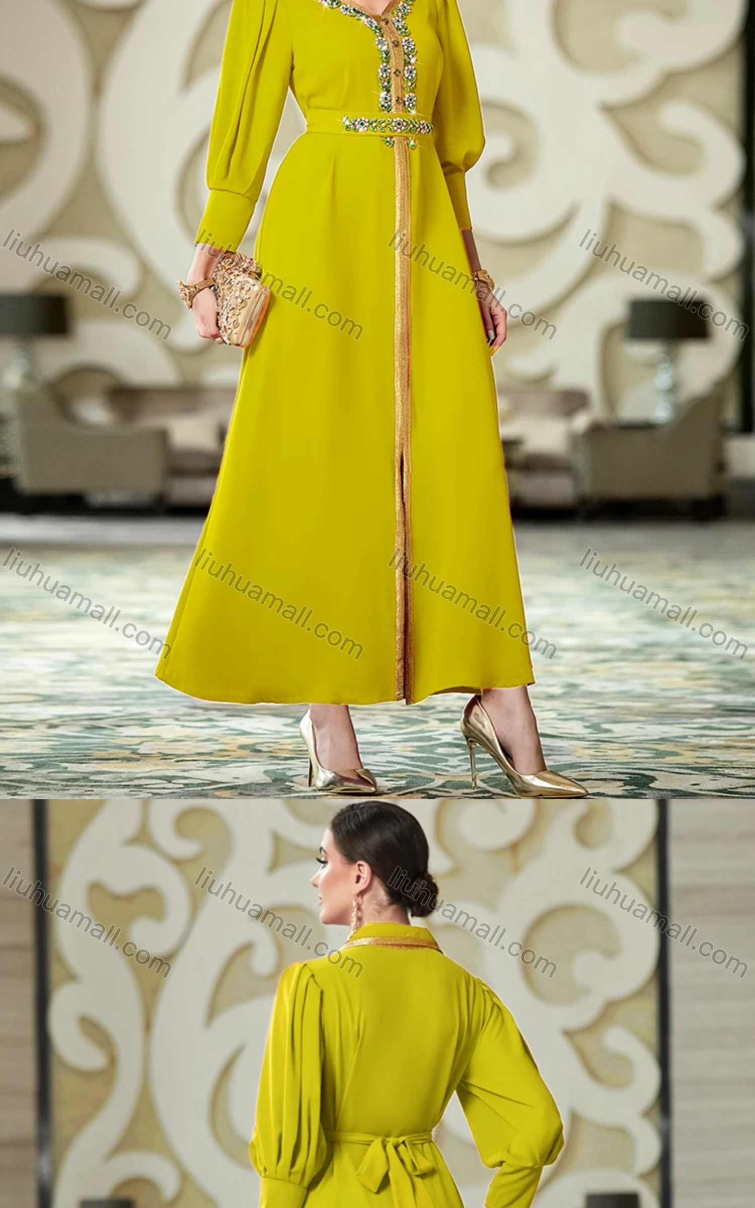 Wholesale Women's Elegant Muslim Islamic Plain Rhinestone Button Decor Embroidered Split Front Robe Dress BA3108# - Liuhuamall