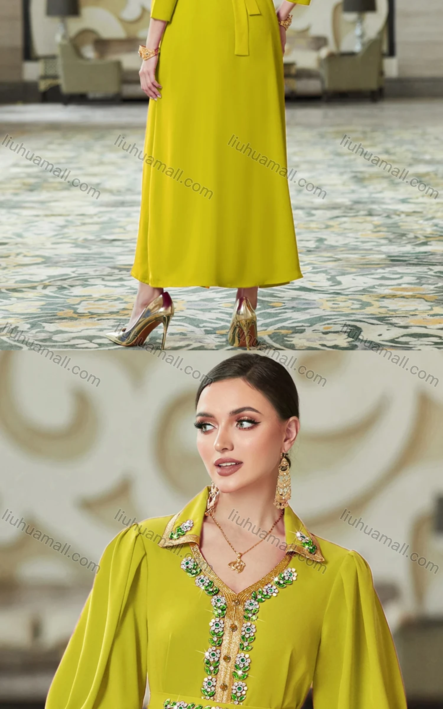 Wholesale Women's Elegant Muslim Islamic Plain Rhinestone Button Decor Embroidered Split Front Robe Dress BA3108# - Liuhuamall