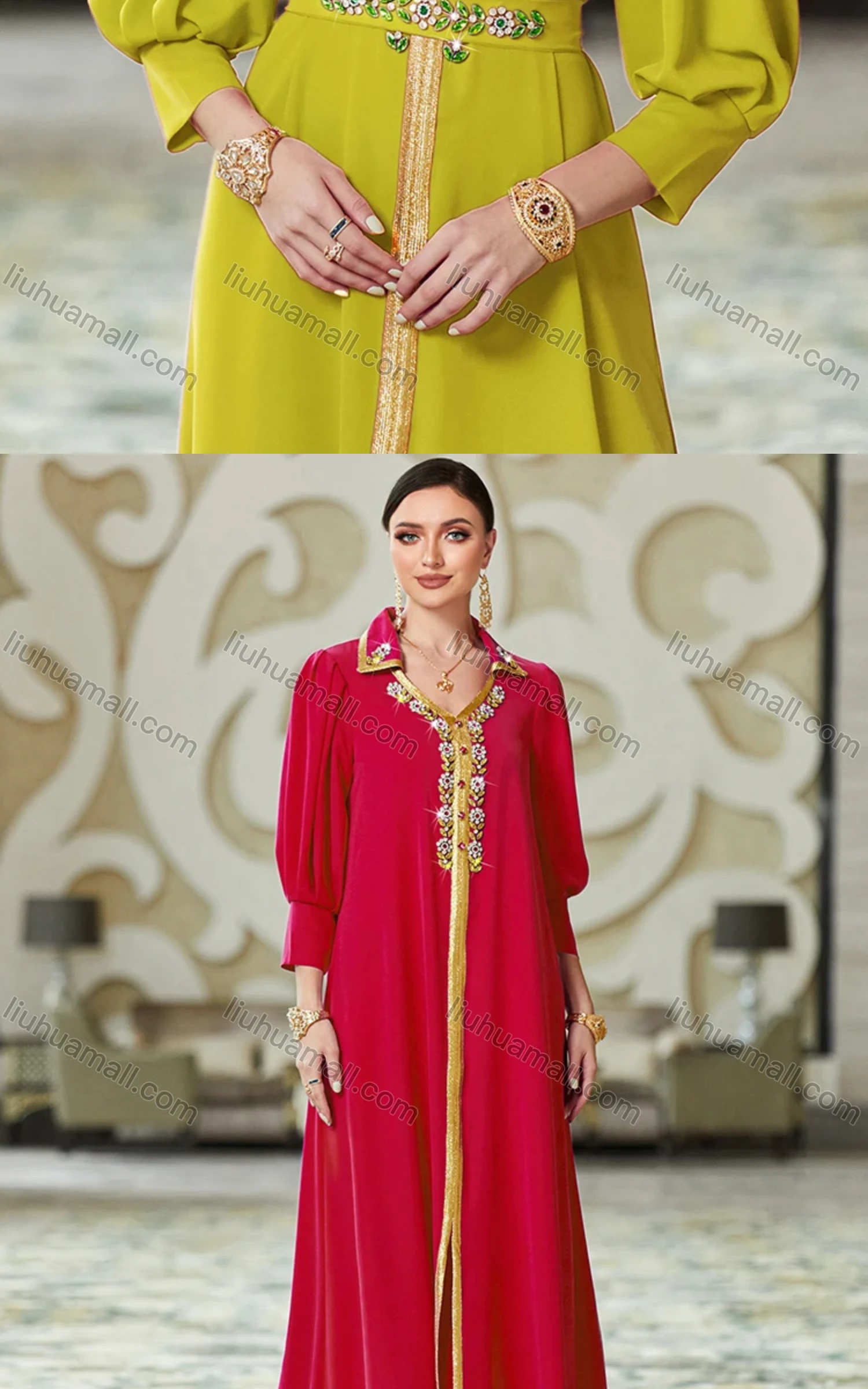 Wholesale Women's Elegant Muslim Islamic Plain Rhinestone Button Decor Embroidered Split Front Robe Dress BA3108# - Liuhuamall