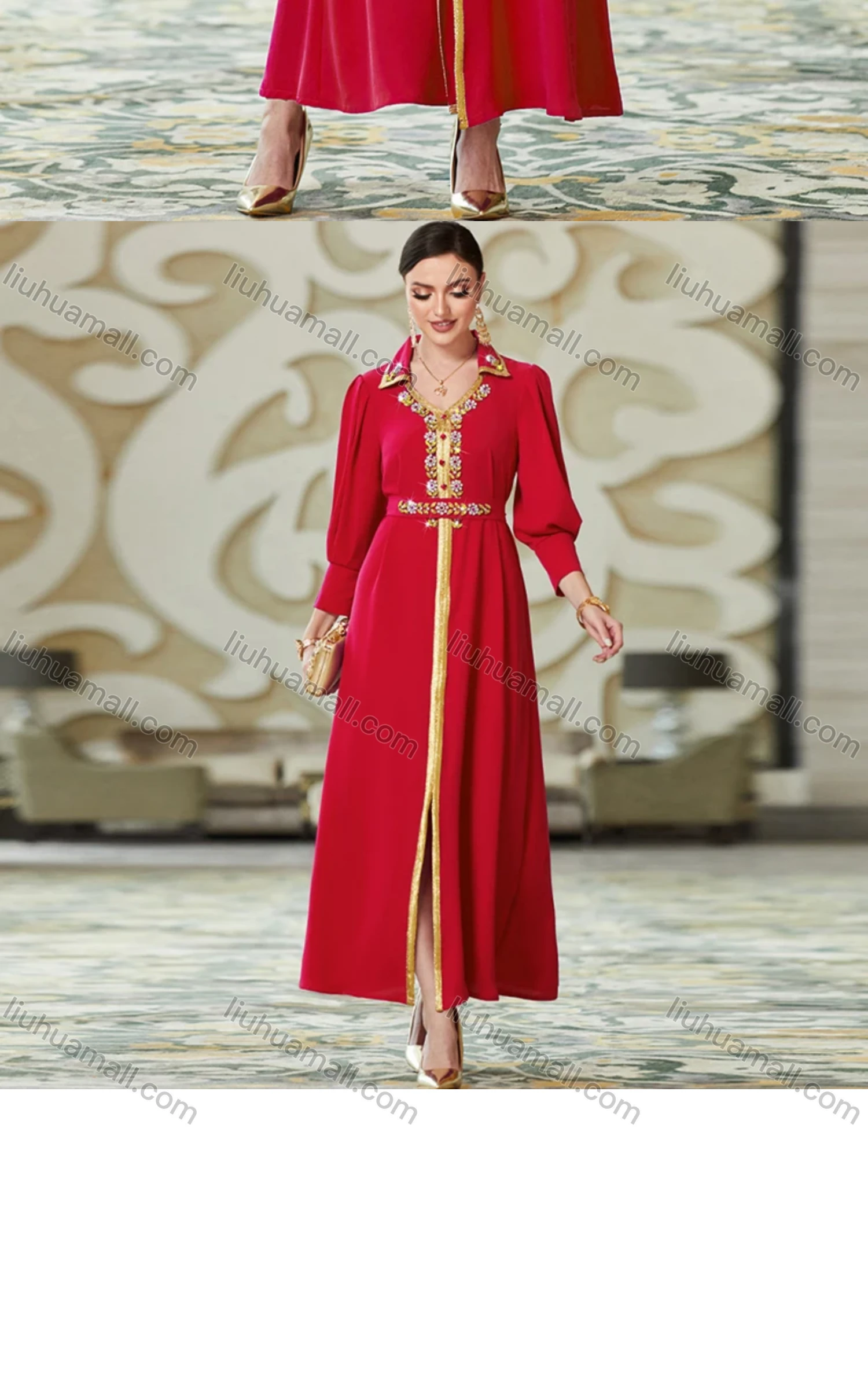 Wholesale Women's Elegant Muslim Islamic Plain Rhinestone Button Decor Embroidered Split Front Robe Dress BA3108# - Liuhuamall